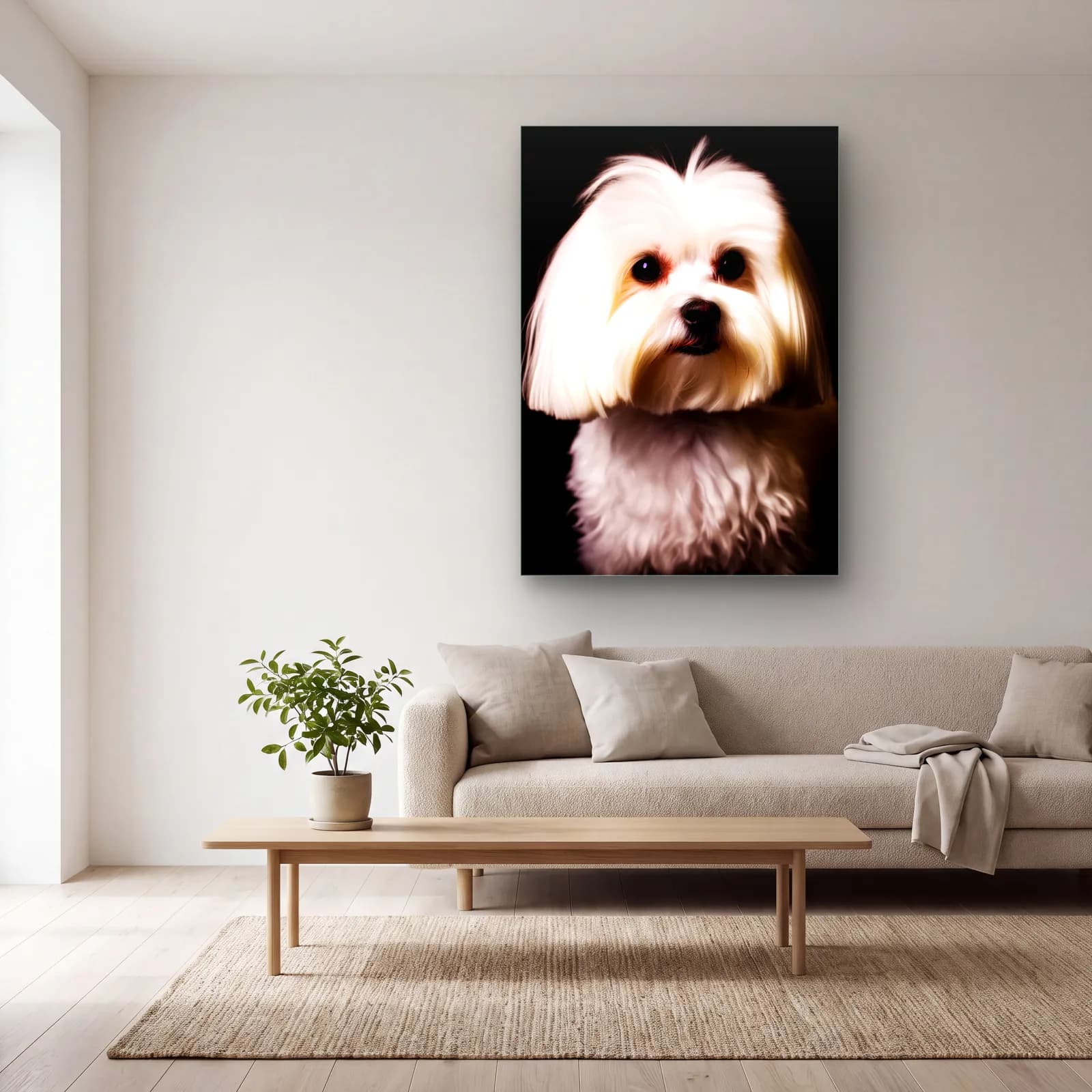 Beyaz Maltız Köpek Portresi cam tablo — açık renk salonda