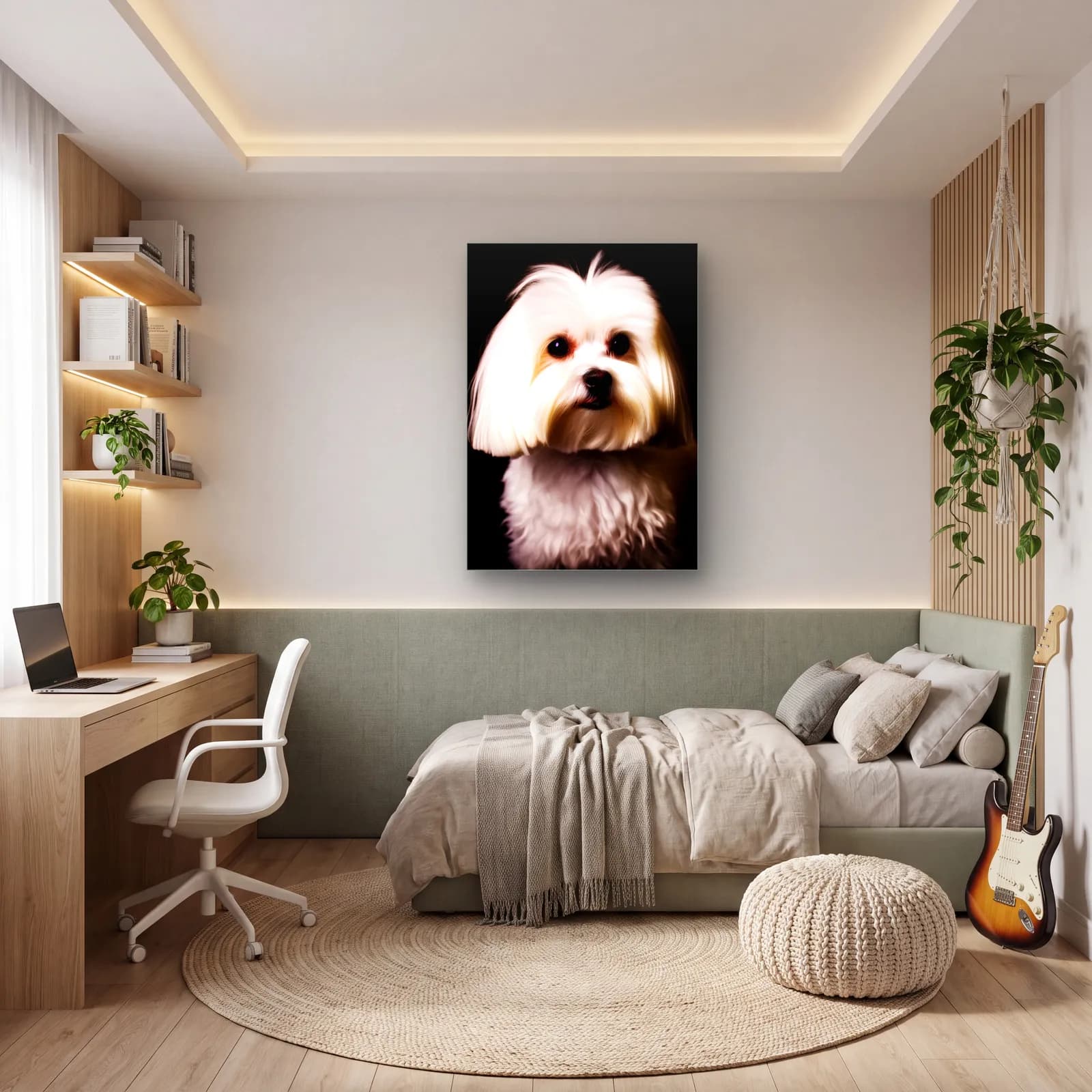 Beyaz Maltız Köpek Portresi cam tablo — genç odasında