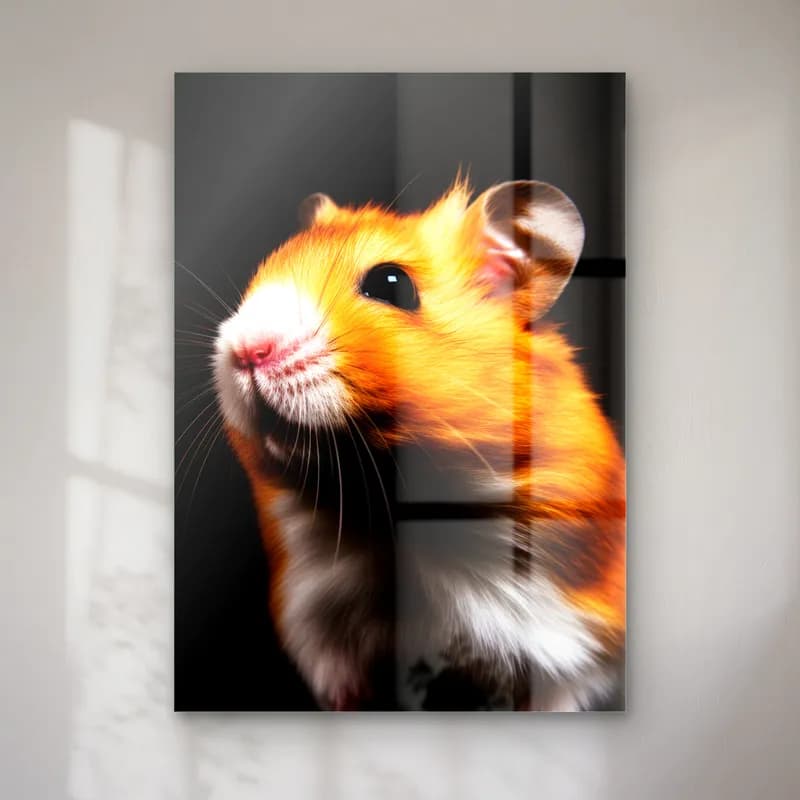 Turuncu Hamster Profil Portresi cam tablo — Karanlık fonda yukarı bakan turuncu hamster profili