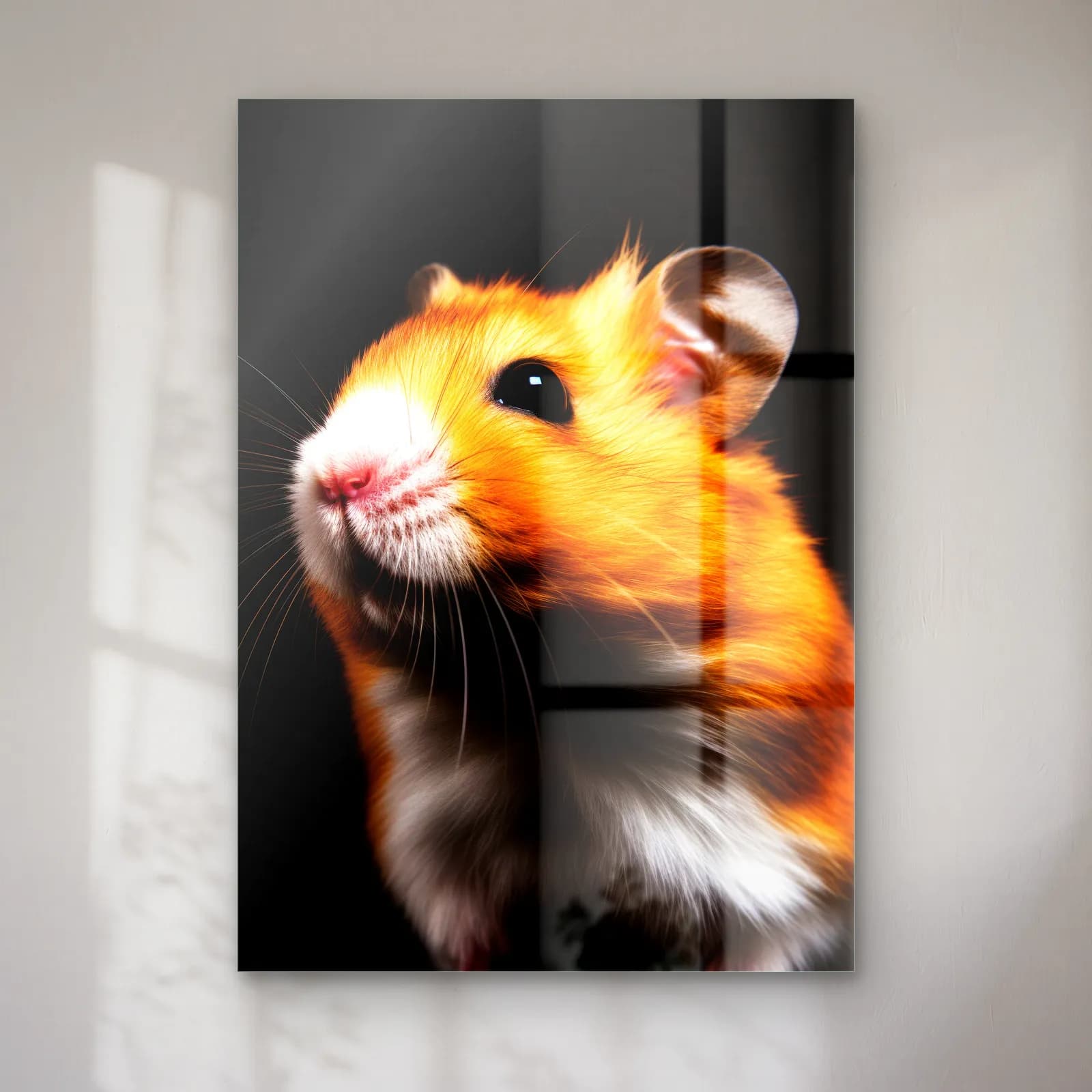 Turuncu Hamster Profil Portresi cam tablo — Karanlık fonda yukarı bakan turuncu hamster profili