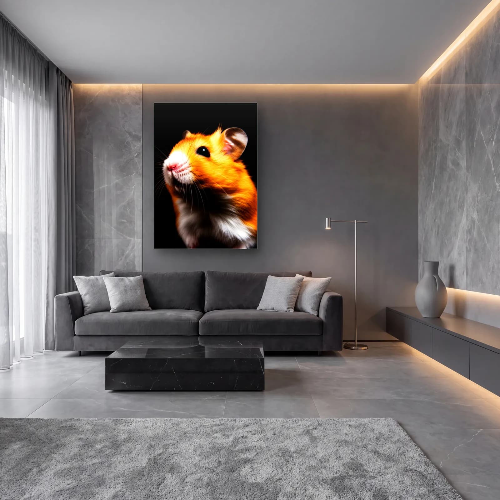 Turuncu Hamster Profil Portresi cam tablo — lüks salon duvarında