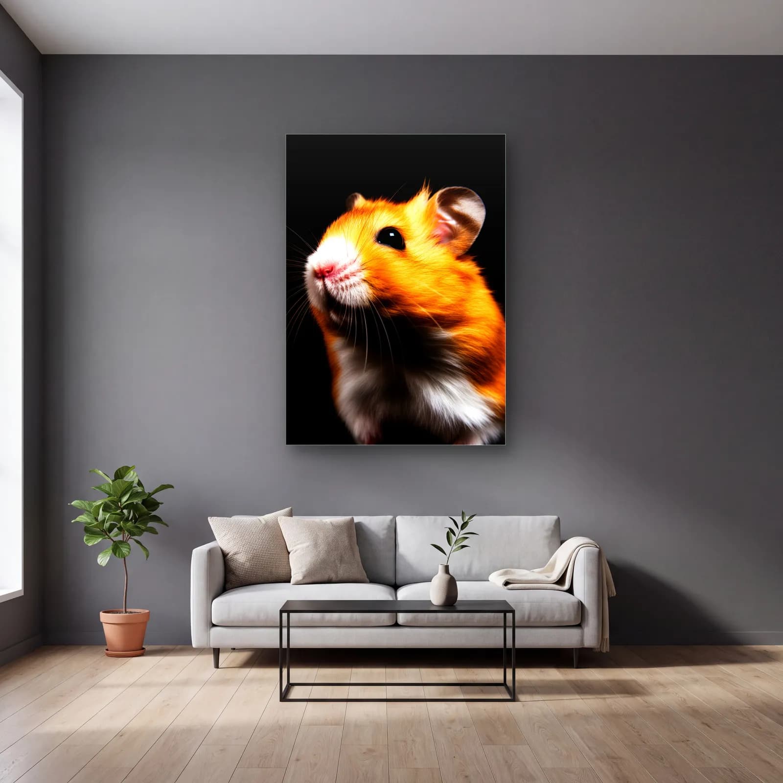 Turuncu Hamster Profil Portresi cam tablo — gri duvarlı salonda