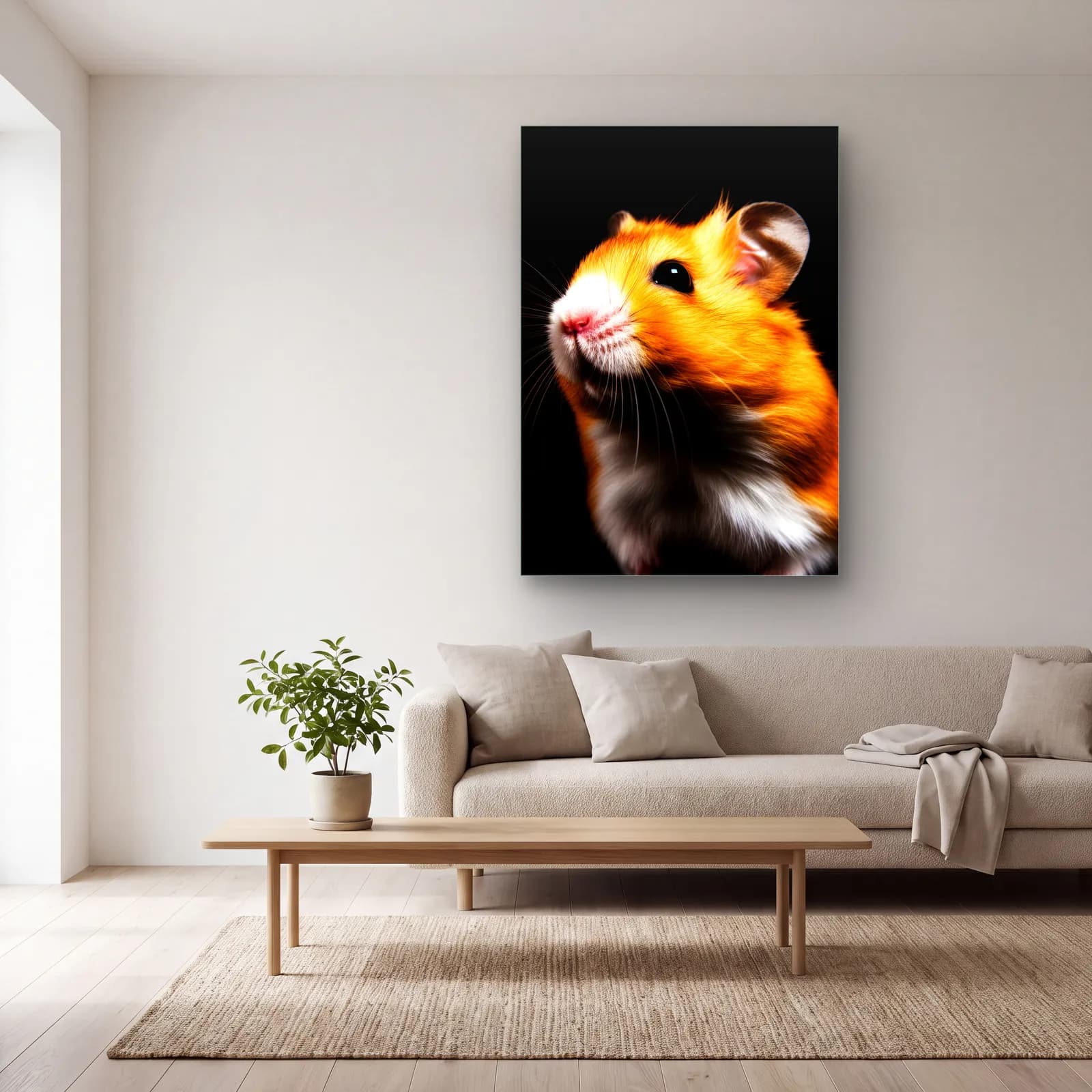 Turuncu Hamster Profil Portresi cam tablo — açık renk salonda
