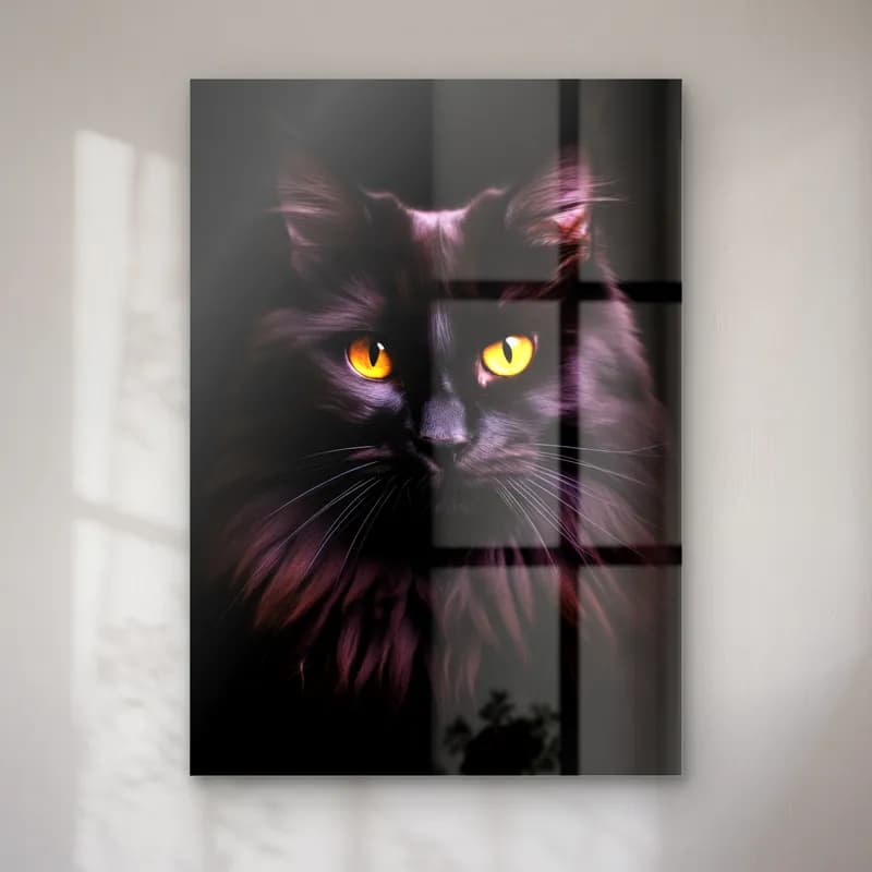 Siyah Kedi Portresi cam tablo — Karanlıkta parlayan sarı gözlü siyah kedi portresi