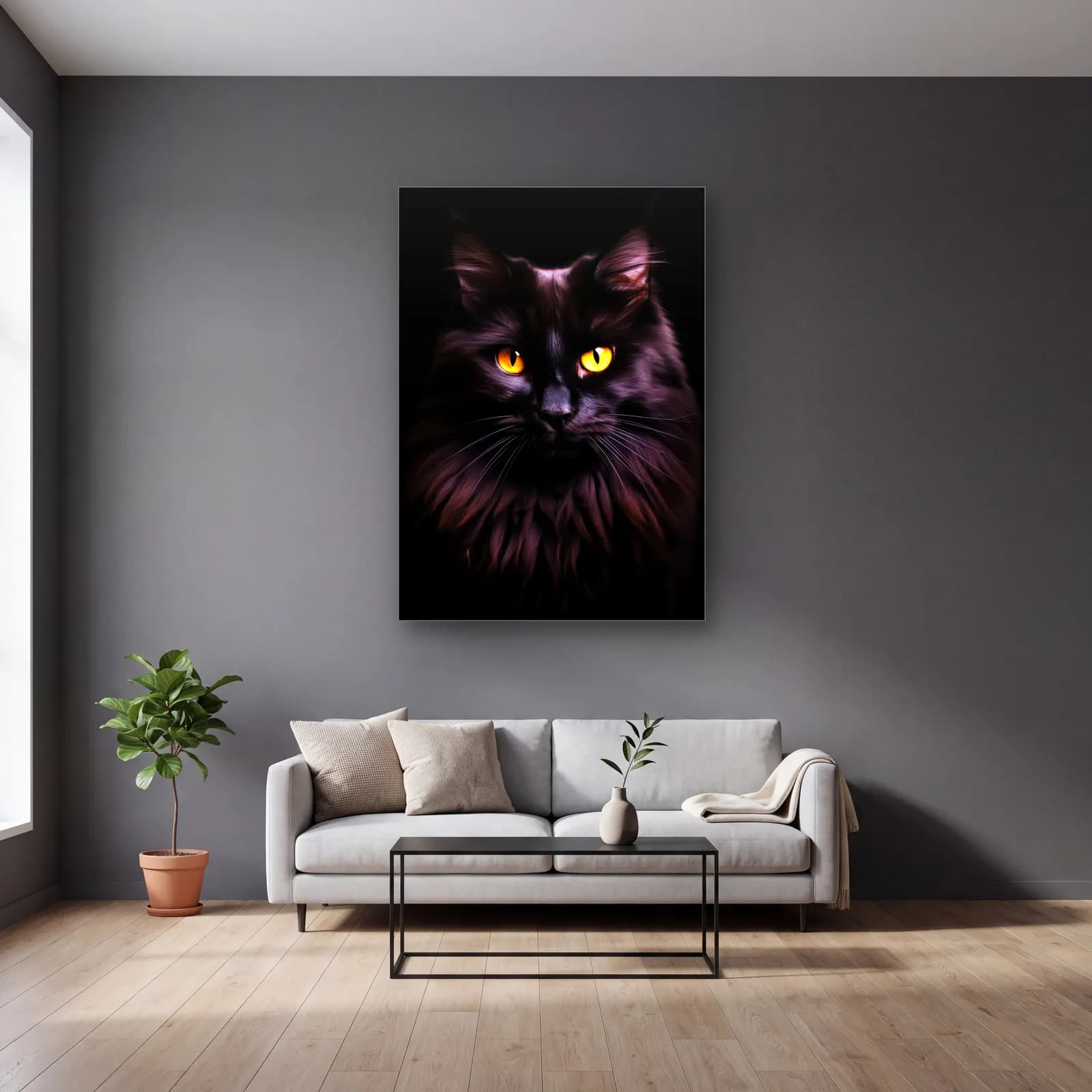 Siyah Kedi Portresi cam tablo — gri duvarlı salonda