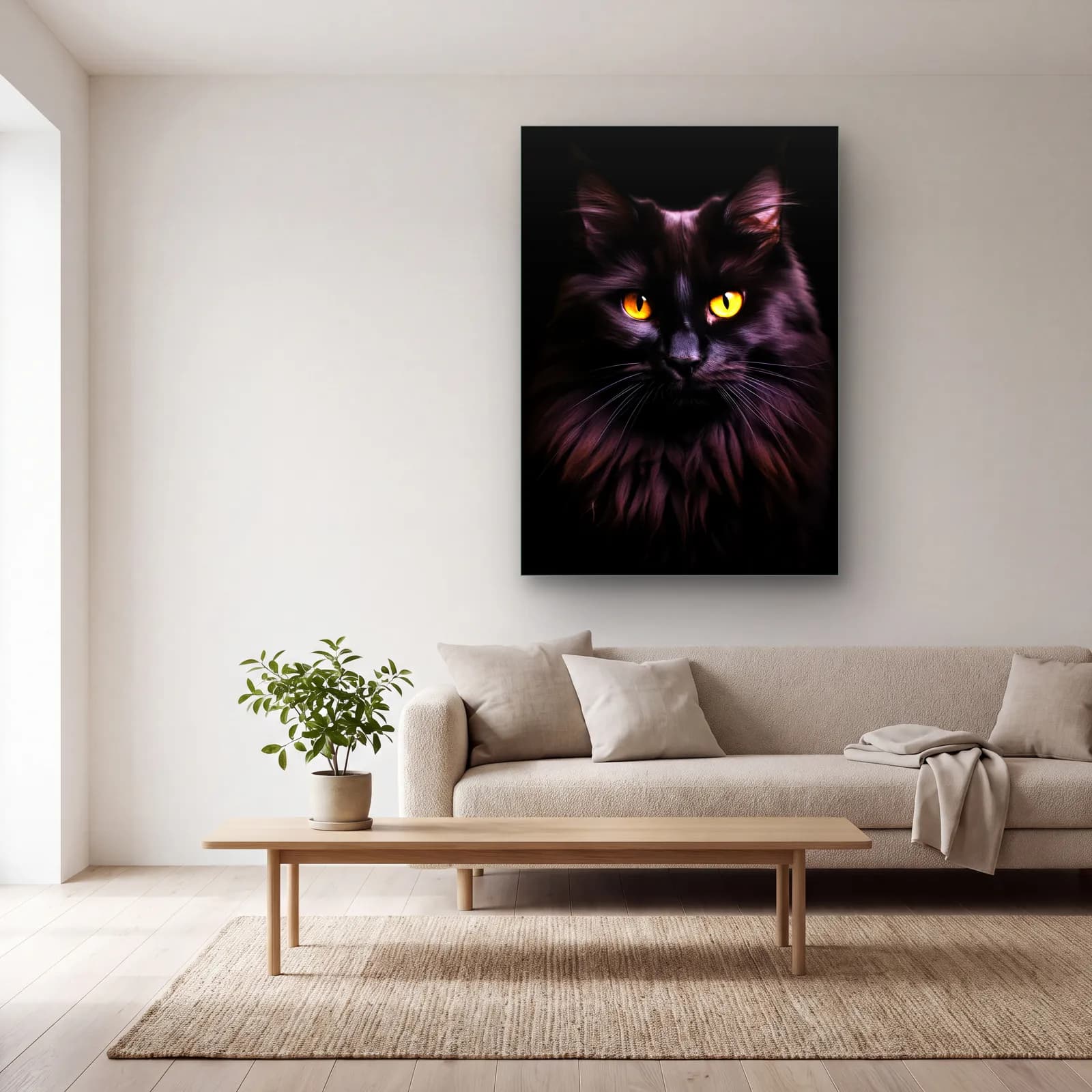 Siyah Kedi Portresi cam tablo — açık renk salonda