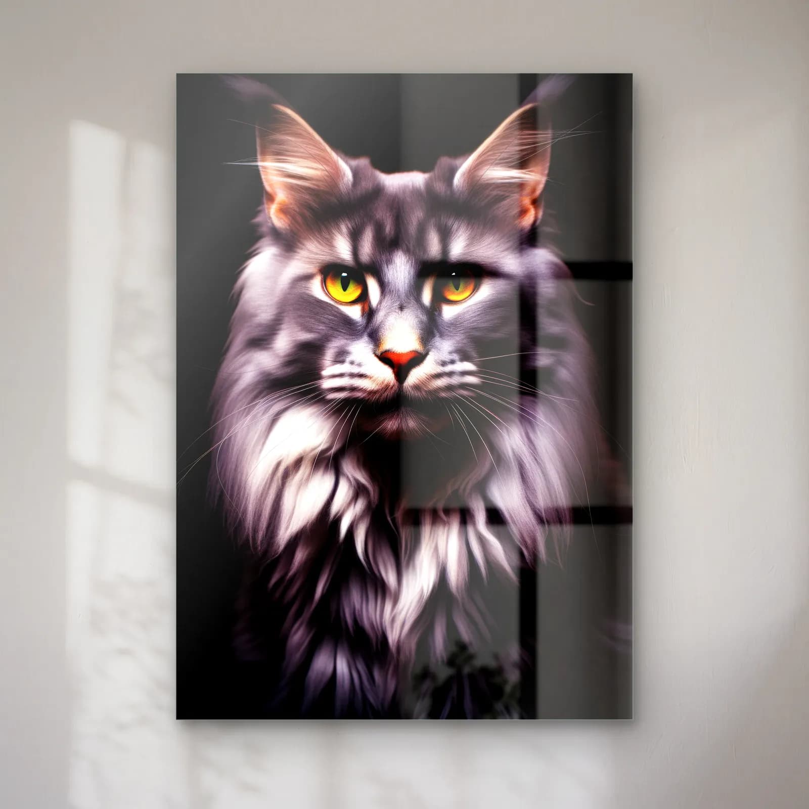 Maine Coon Kedi Portresi cam tablo — Siyah fonda sarı yeşil gözlü uzun tüylü gri Maine Coon kedi