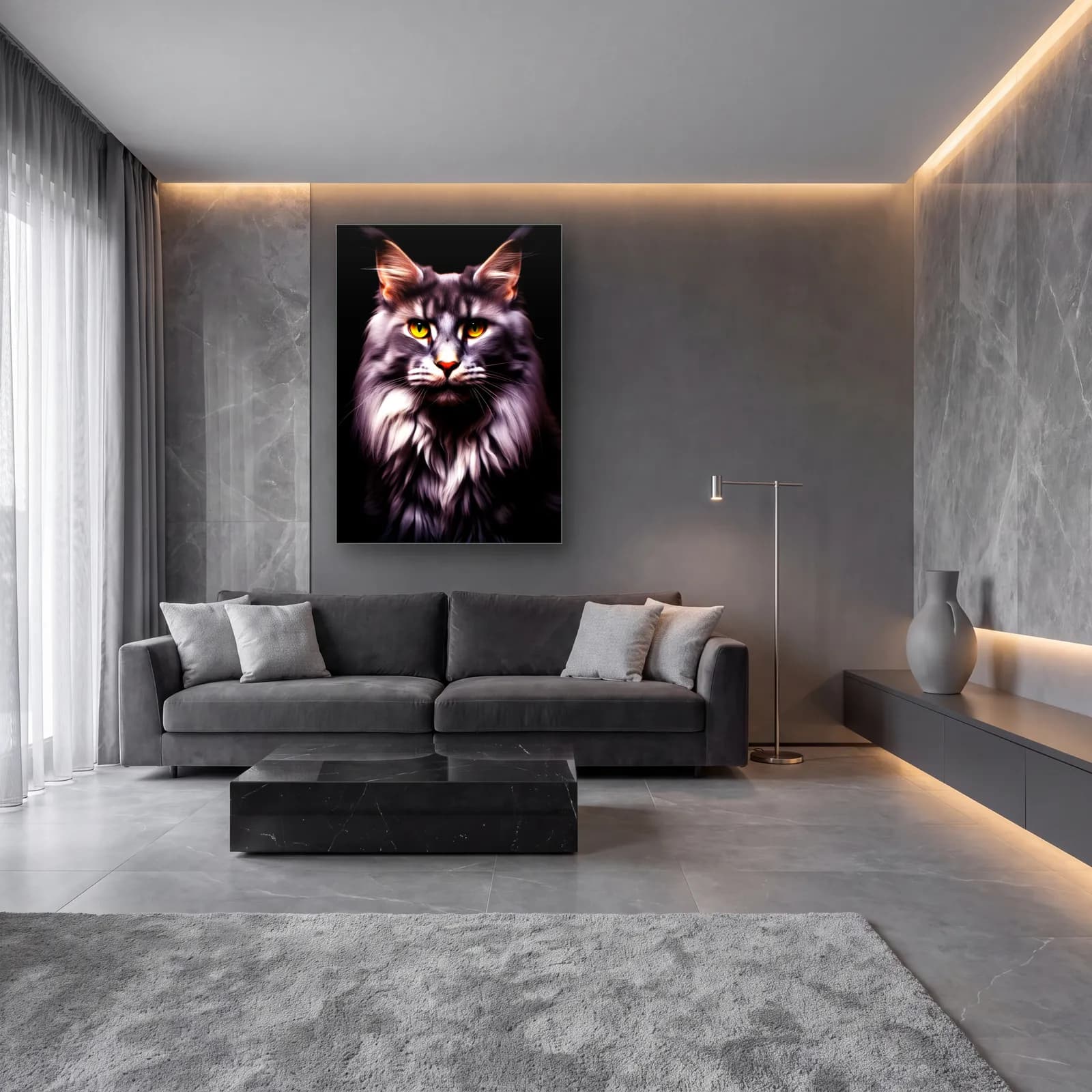 Maine Coon Kedi Portresi cam tablo — lüks salon duvarında