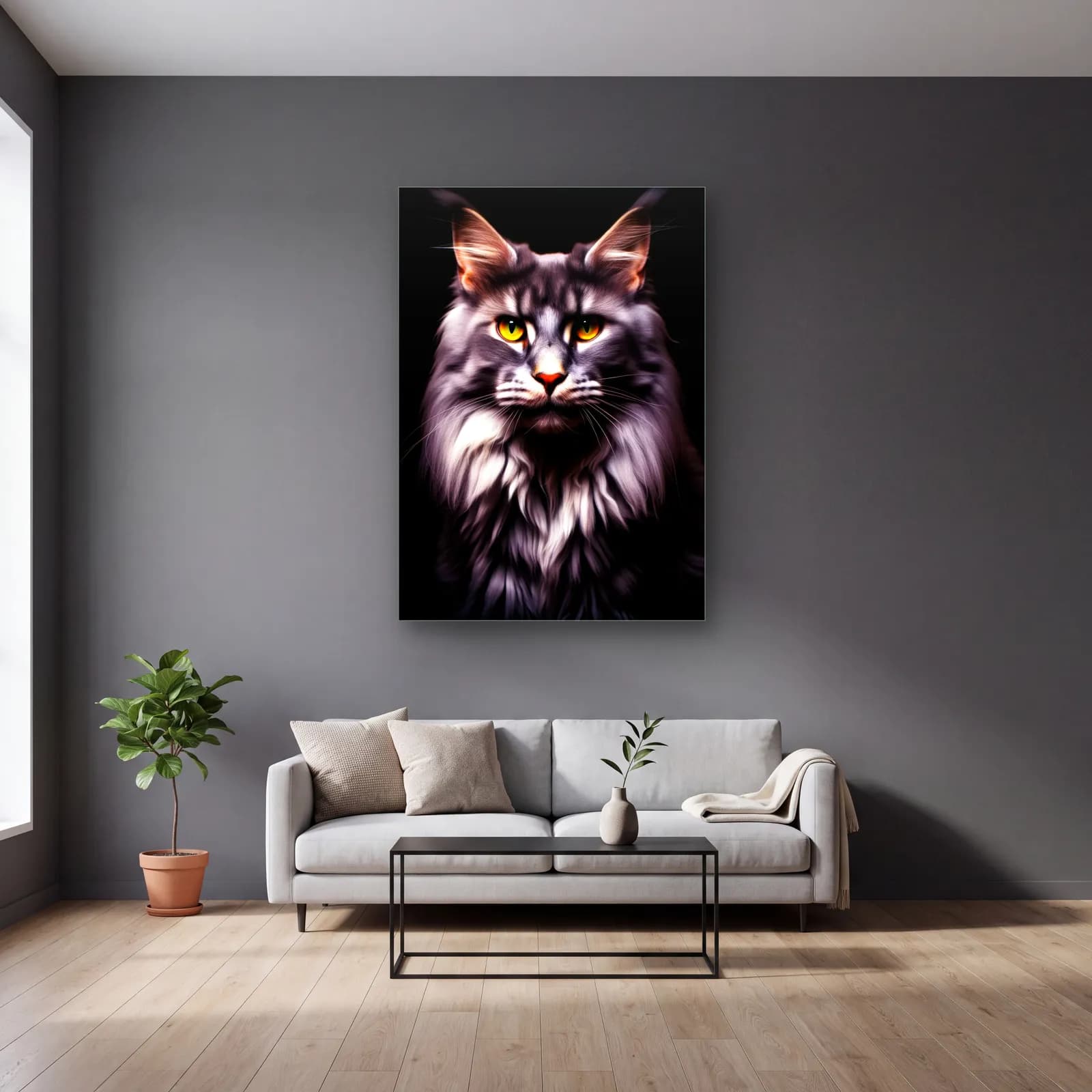 Maine Coon Kedi Portresi cam tablo — gri duvarlı salonda
