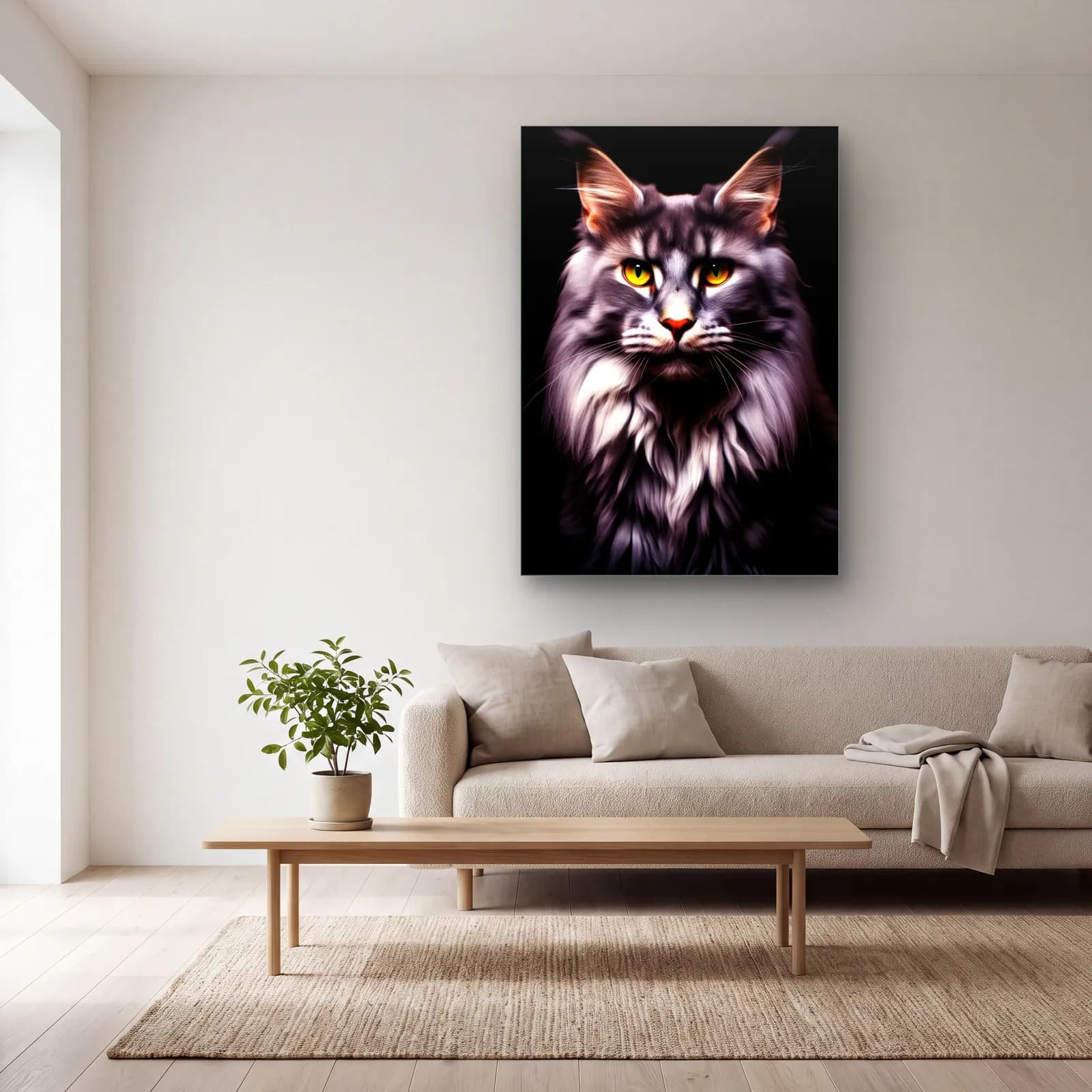 Maine Coon Kedi Portresi cam tablo — açık renk salonda