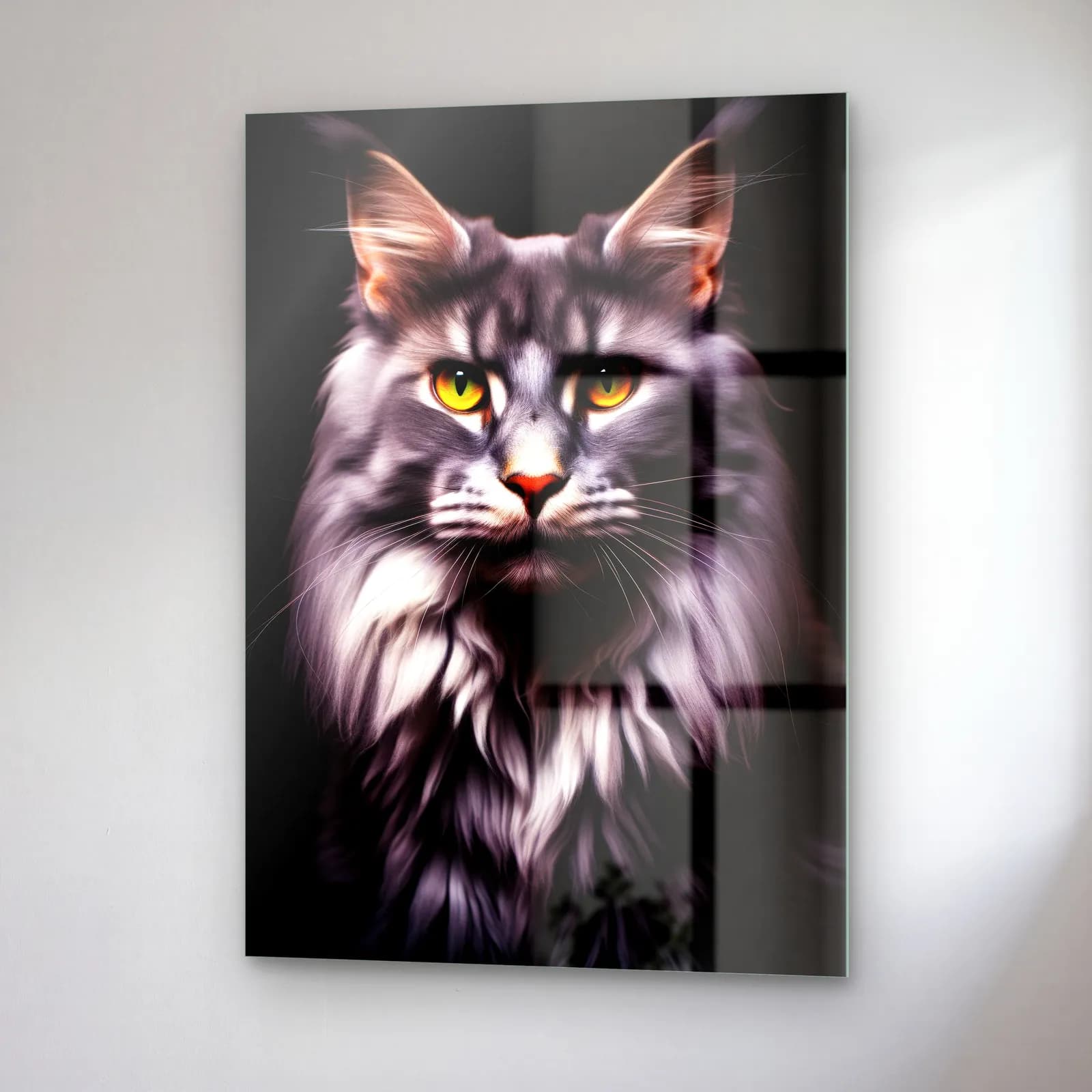 Maine Coon Kedi Portresi cam tablo — sağ açıdan görünüm