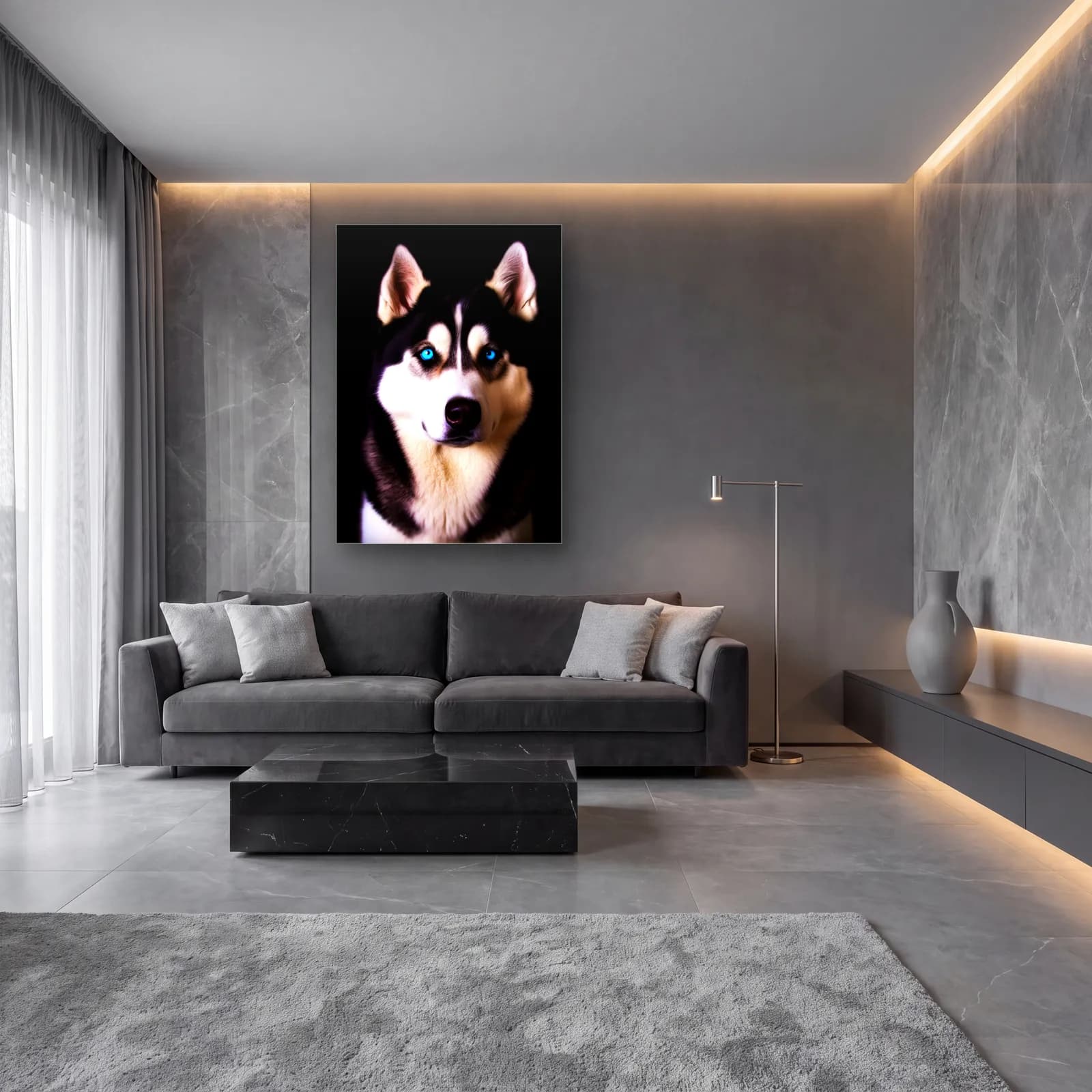 Mavi Gözlü Husky Portresi cam tablo — lüks salon duvarında