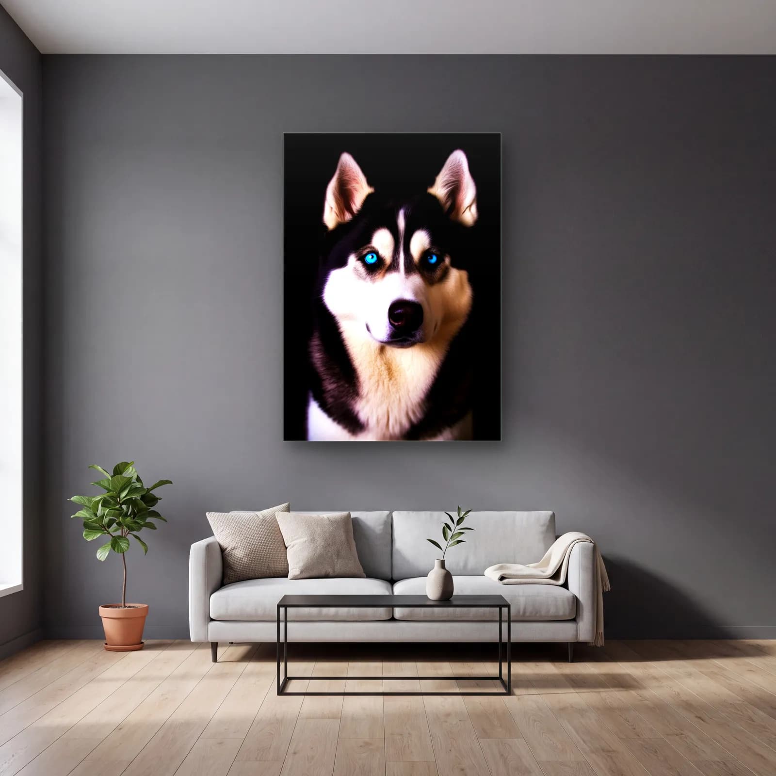 Mavi Gözlü Husky Portresi cam tablo — gri duvarlı salonda