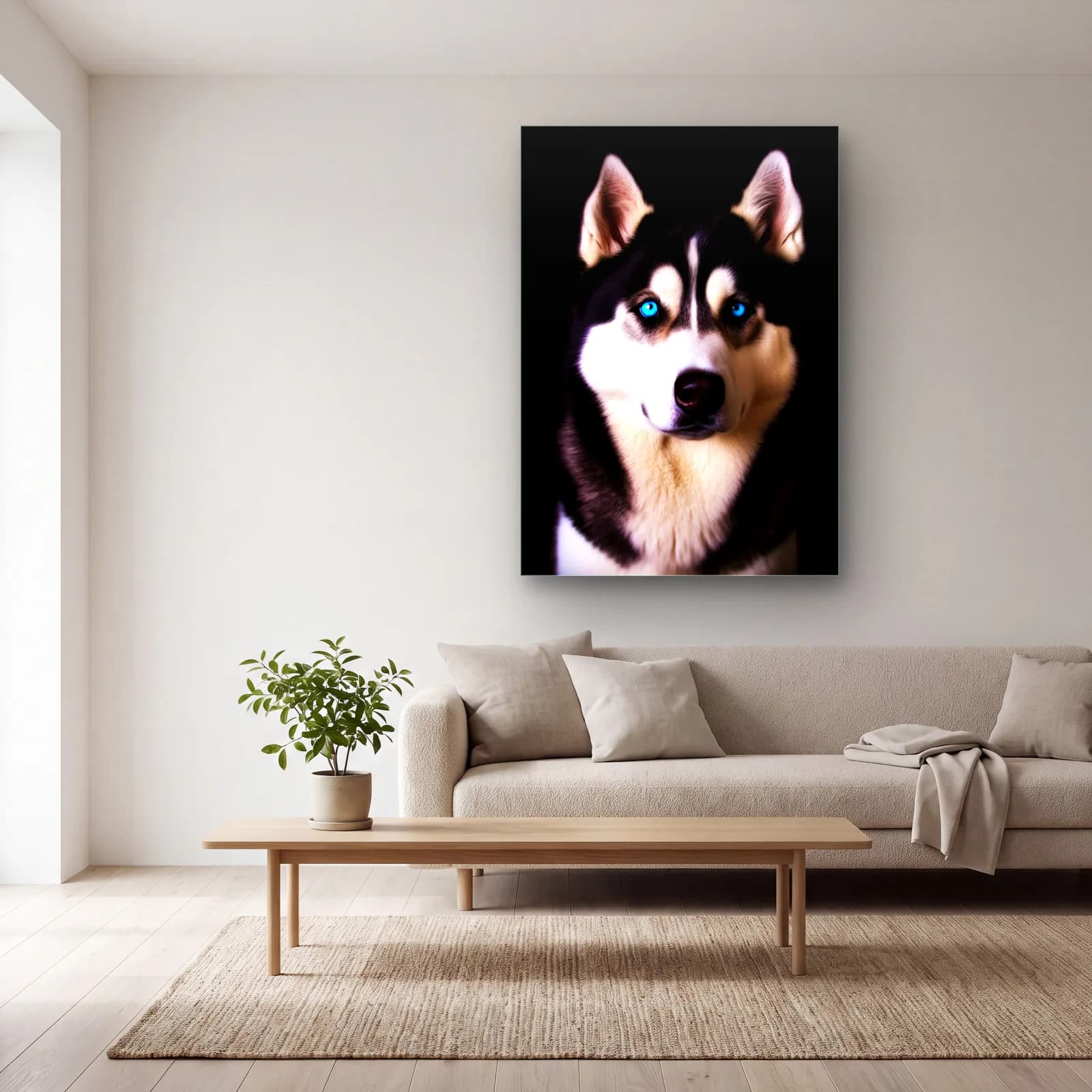 Mavi Gözlü Husky Portresi cam tablo — açık renk salonda