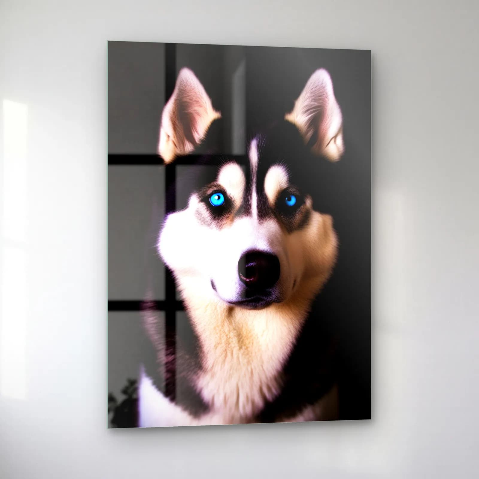Mavi Gözlü Husky Portresi cam tablo — sol açıdan görünüm