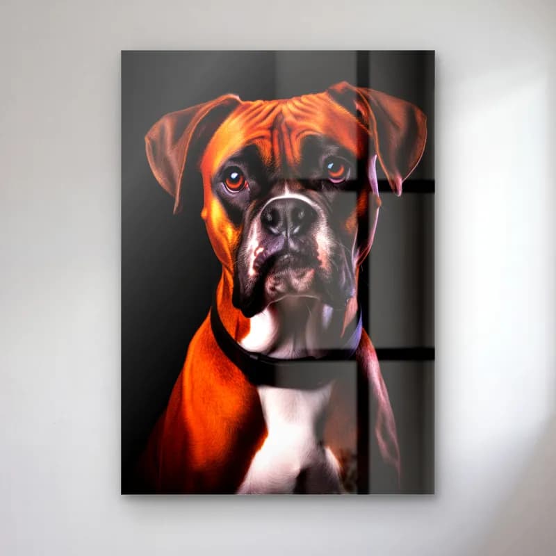 Boxer Köpek Portresi cam tablo — Karanlık fonda tasmalı kızıl kahverengi boxer köpek