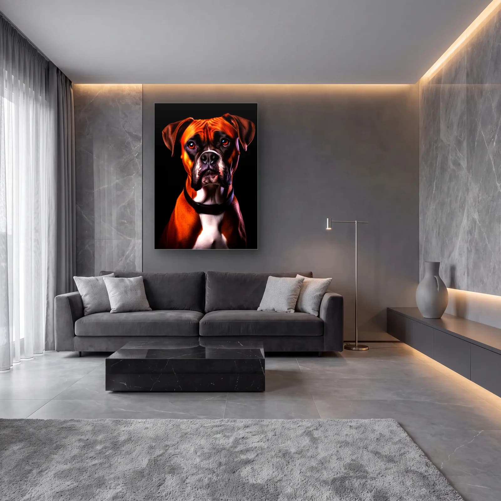 Boxer Köpek Portresi cam tablo — lüks salon duvarında