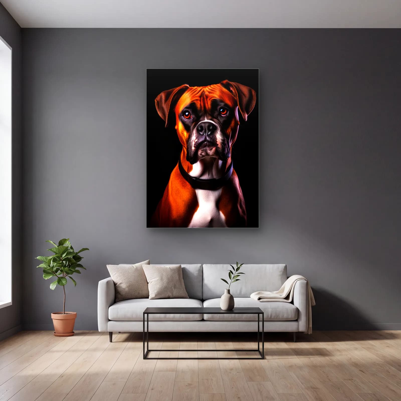 Boxer Köpek Portresi cam tablo — gri duvarlı salonda