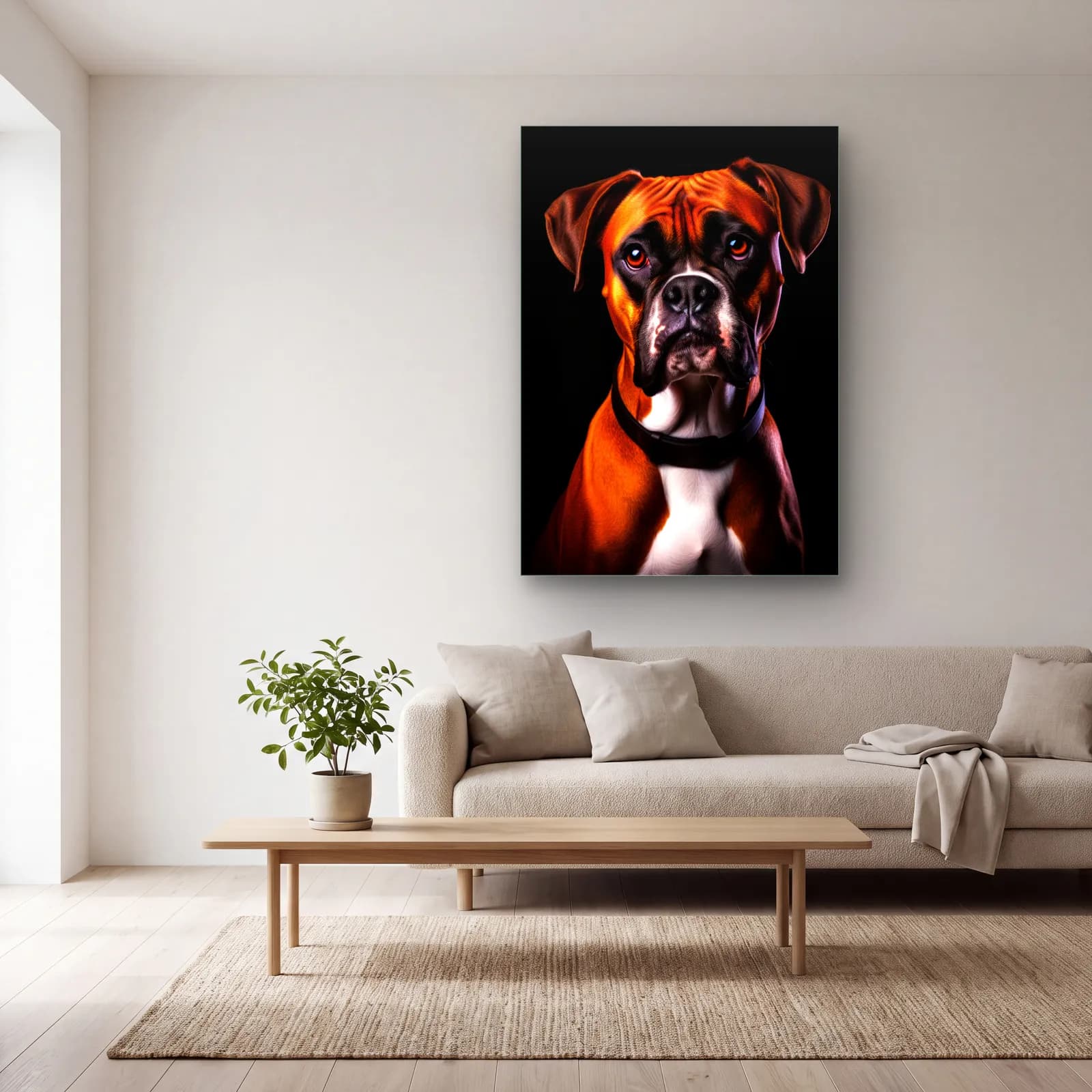 Boxer Köpek Portresi cam tablo — açık renk salonda