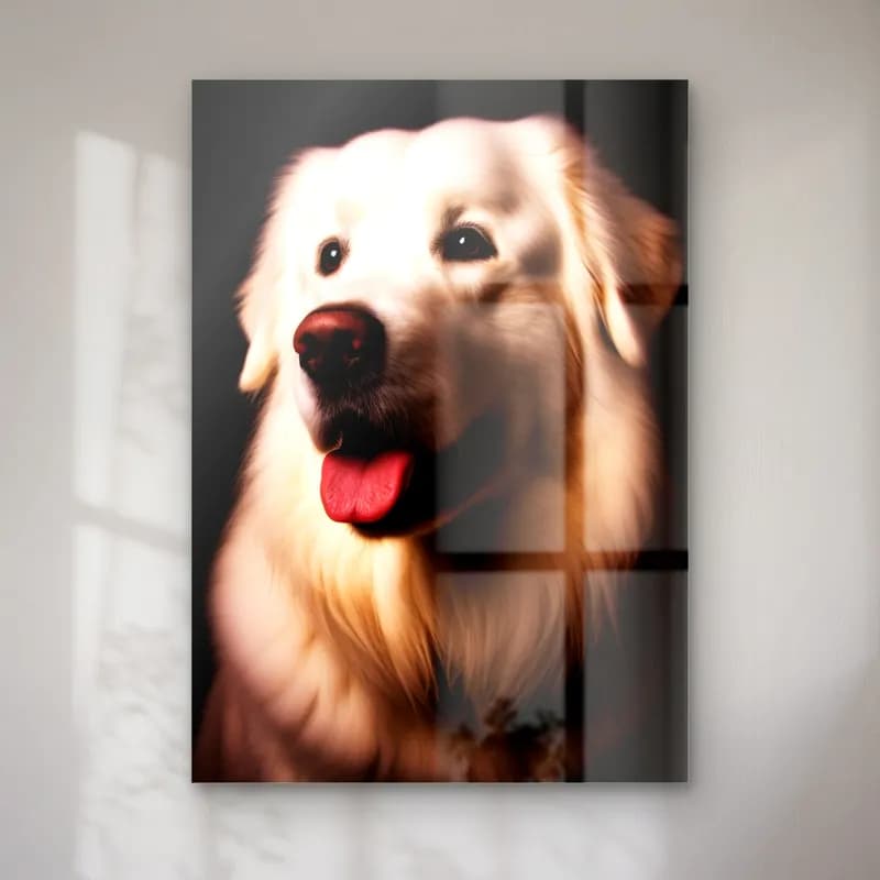 Krem Golden Retriever Portresi cam tablo — Siyah fonda dili dışarıda krem rengi golden retriever