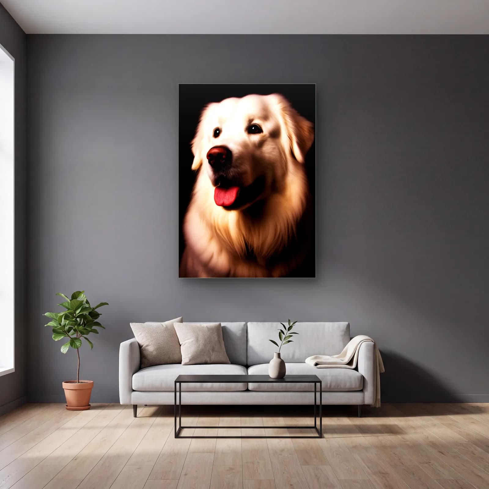 Krem Golden Retriever Portresi cam tablo — gri duvarlı salonda