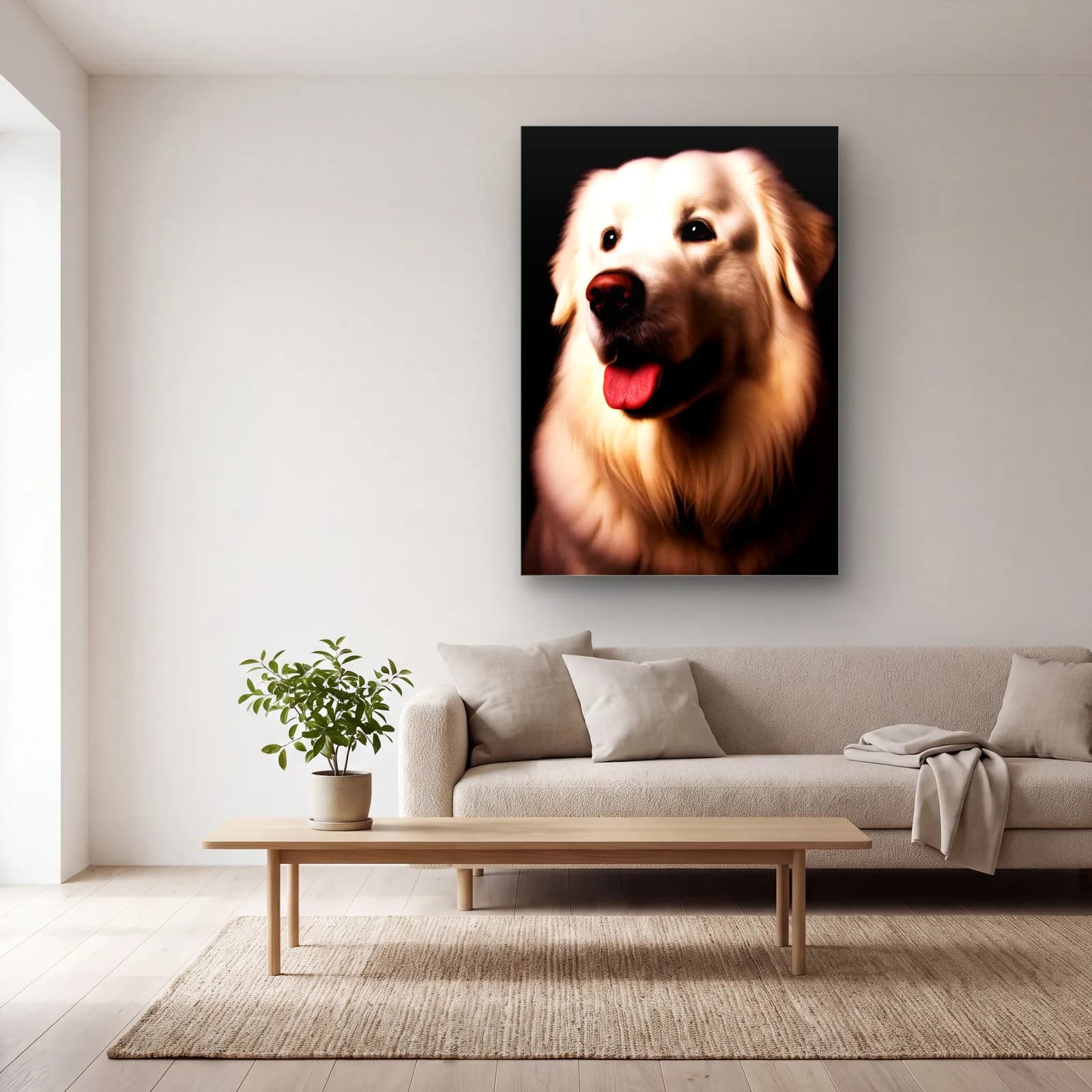 Krem Golden Retriever Portresi cam tablo — açık renk salonda