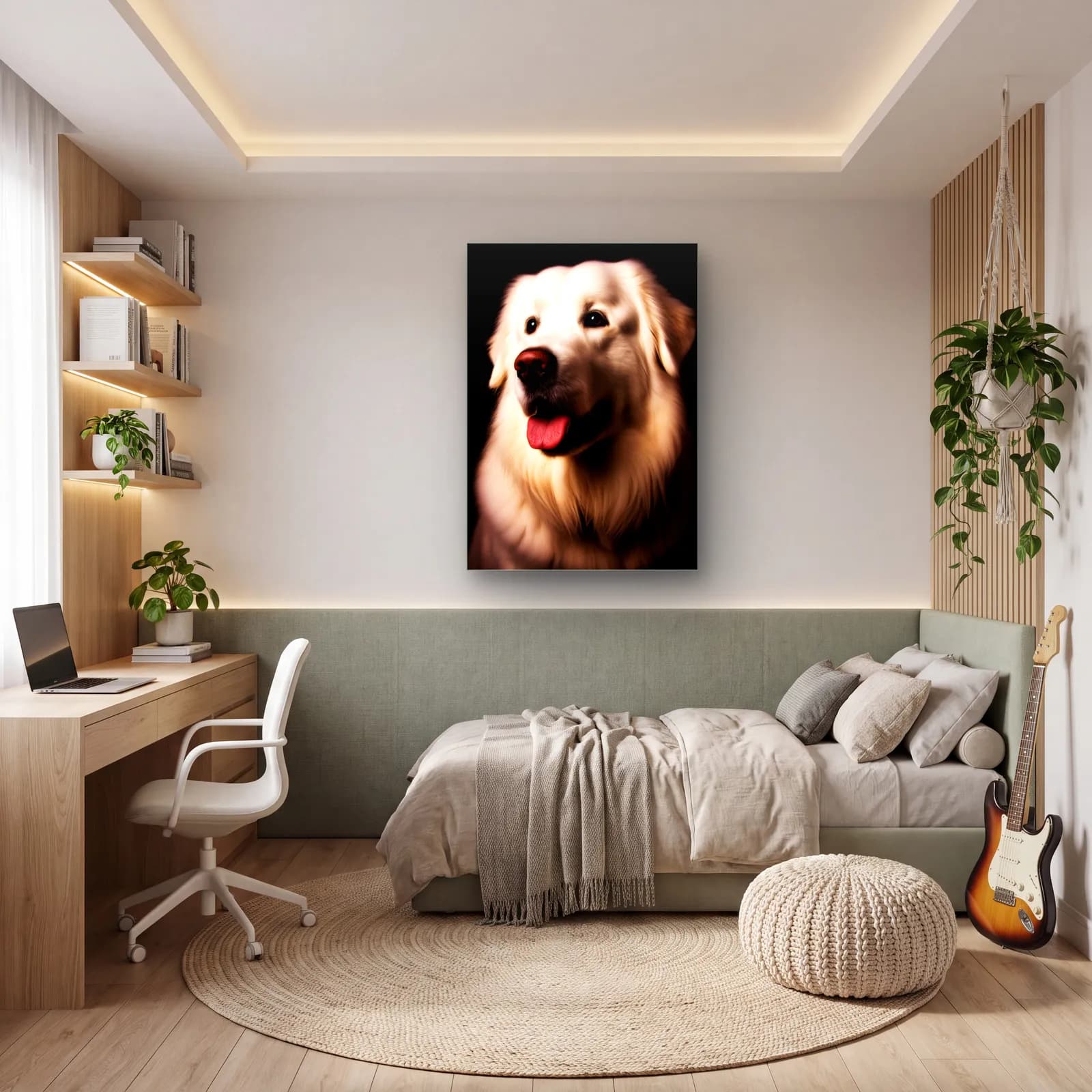 Krem Golden Retriever Portresi cam tablo — genç odasında