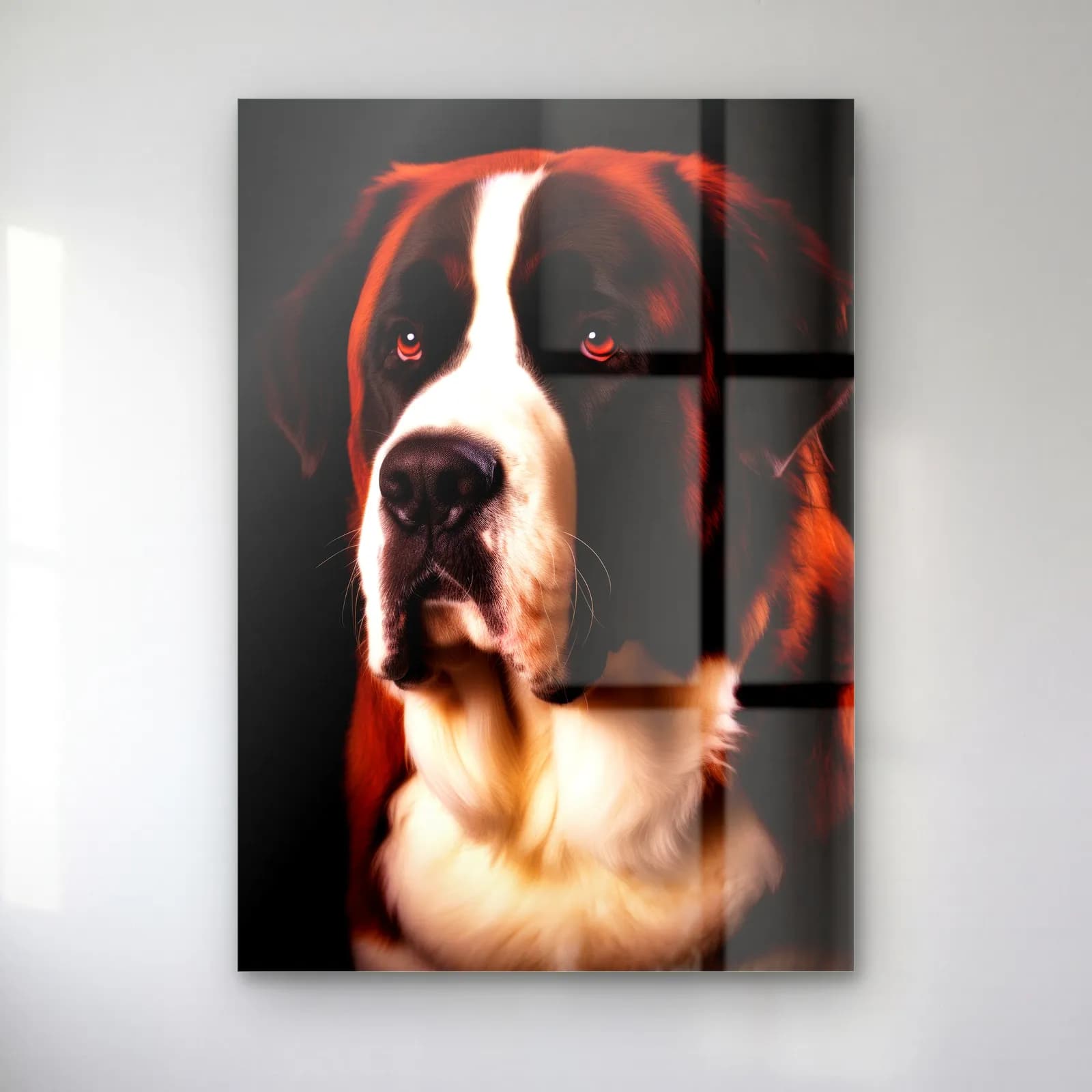 Saint Bernard Köpek Portresi cam tablo — Siyah fonda kızıl beyaz tüylü Saint Bernard köpek portresi