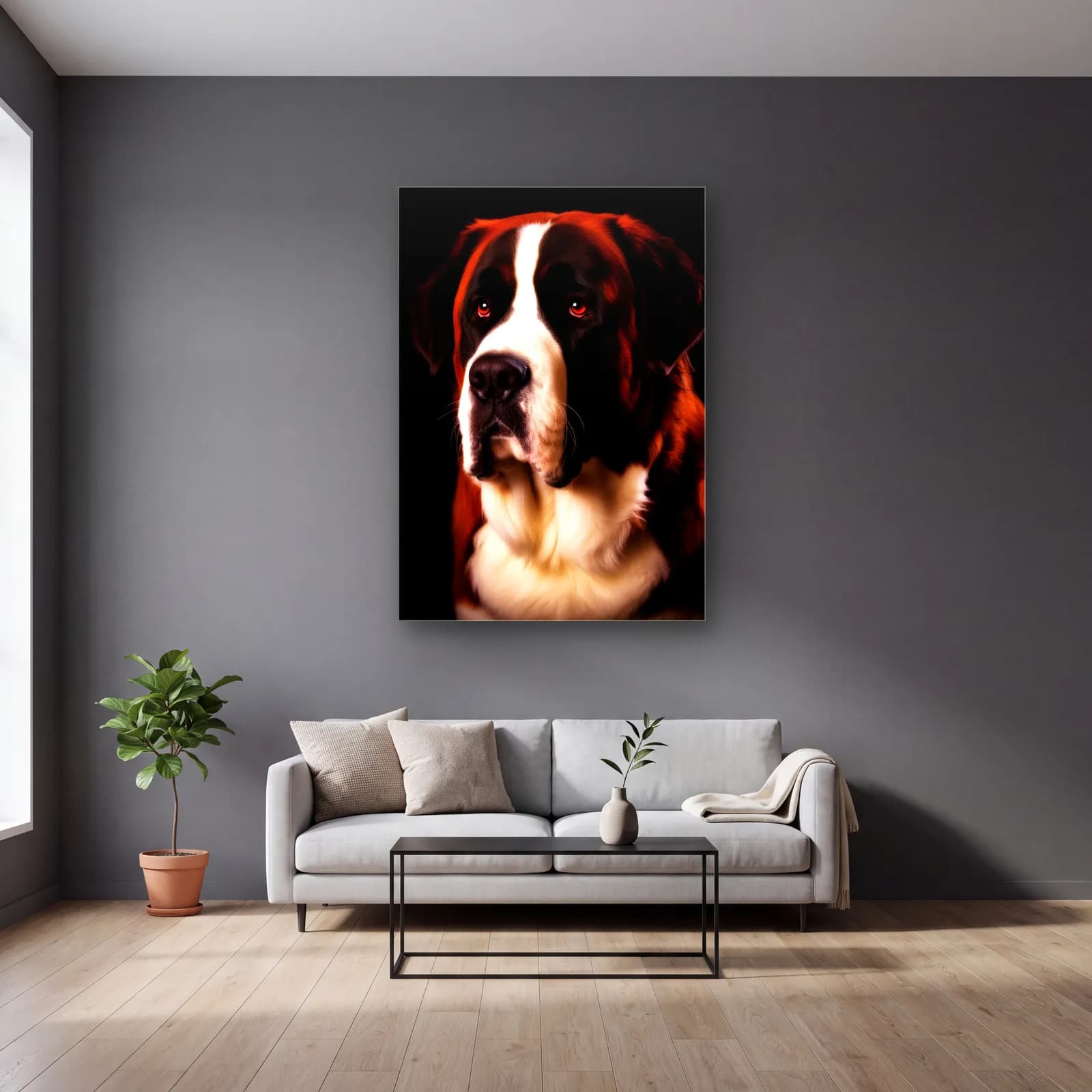 Saint Bernard Köpek Portresi cam tablo — gri duvarlı salonda
