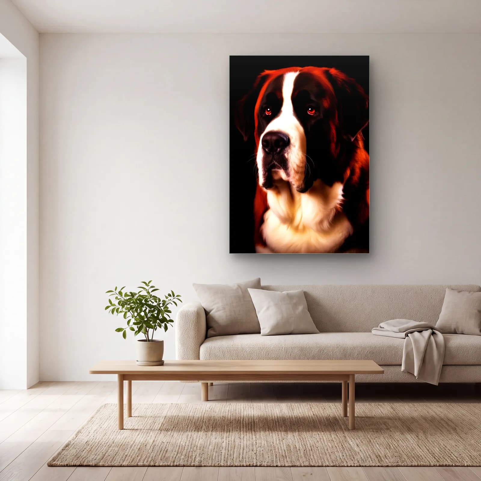 Saint Bernard Köpek Portresi cam tablo — açık renk salonda