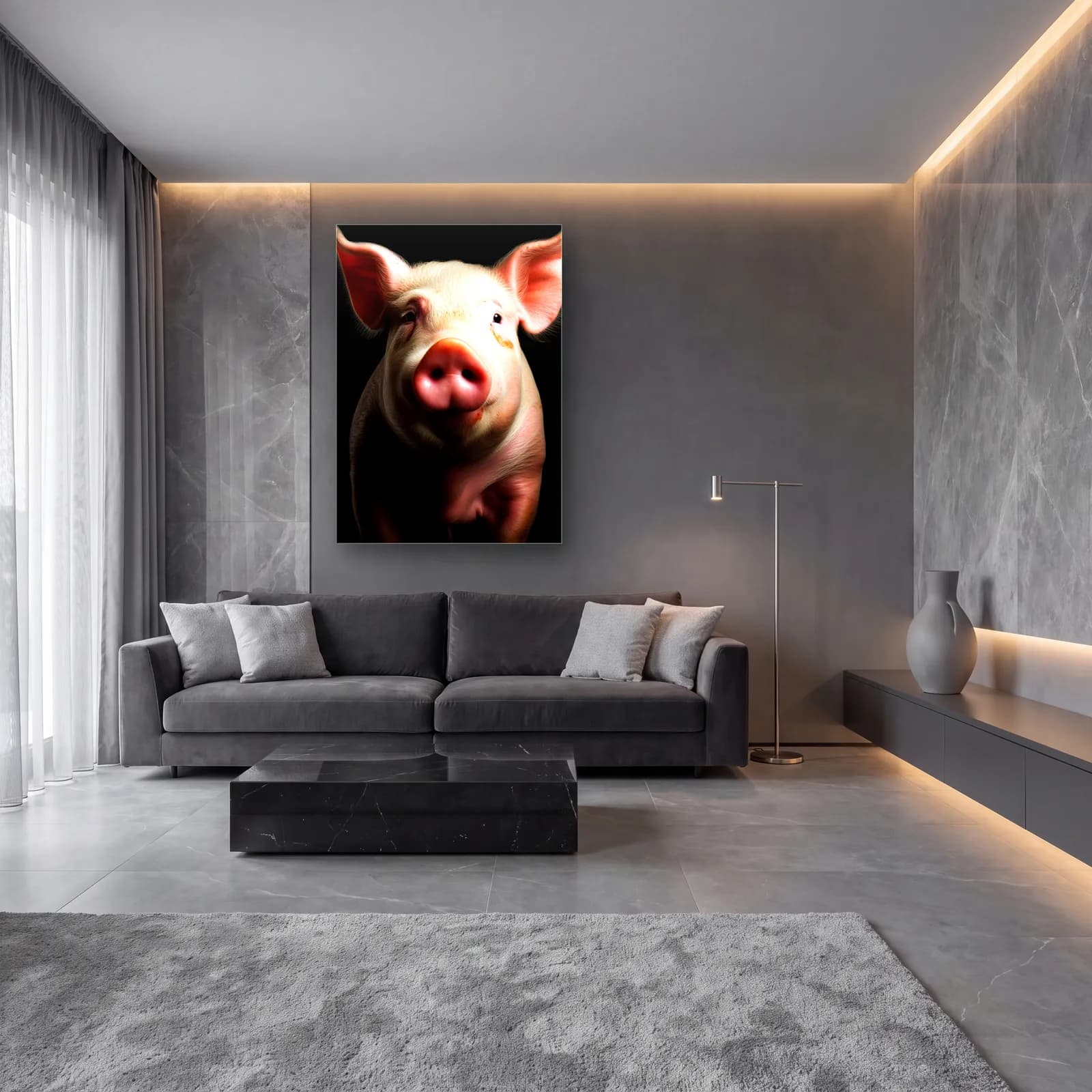 Pembe Domuz Portresi cam tablo — lüks salon duvarında