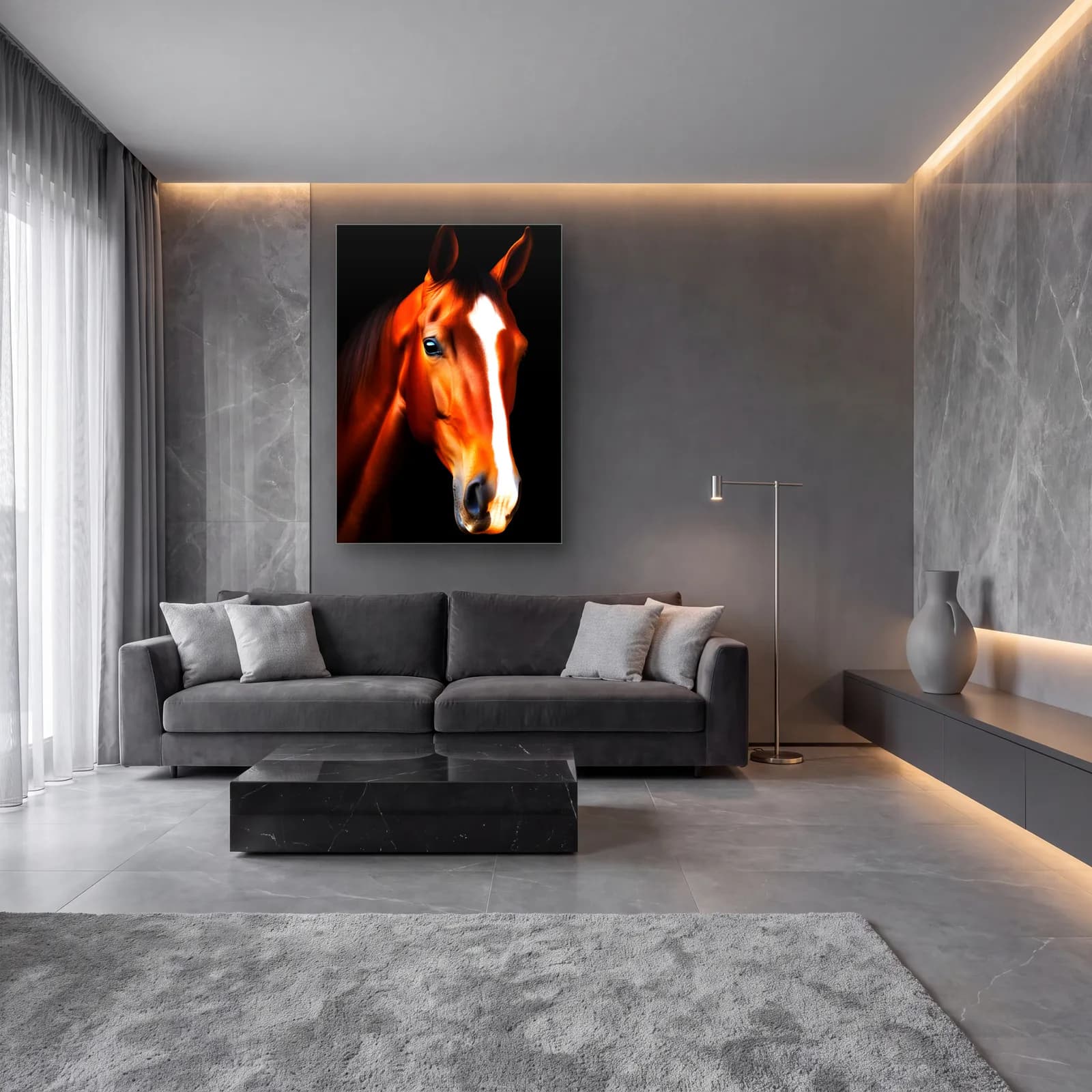 Seklemeli Kızıl At cam tablo — lüks salon duvarında