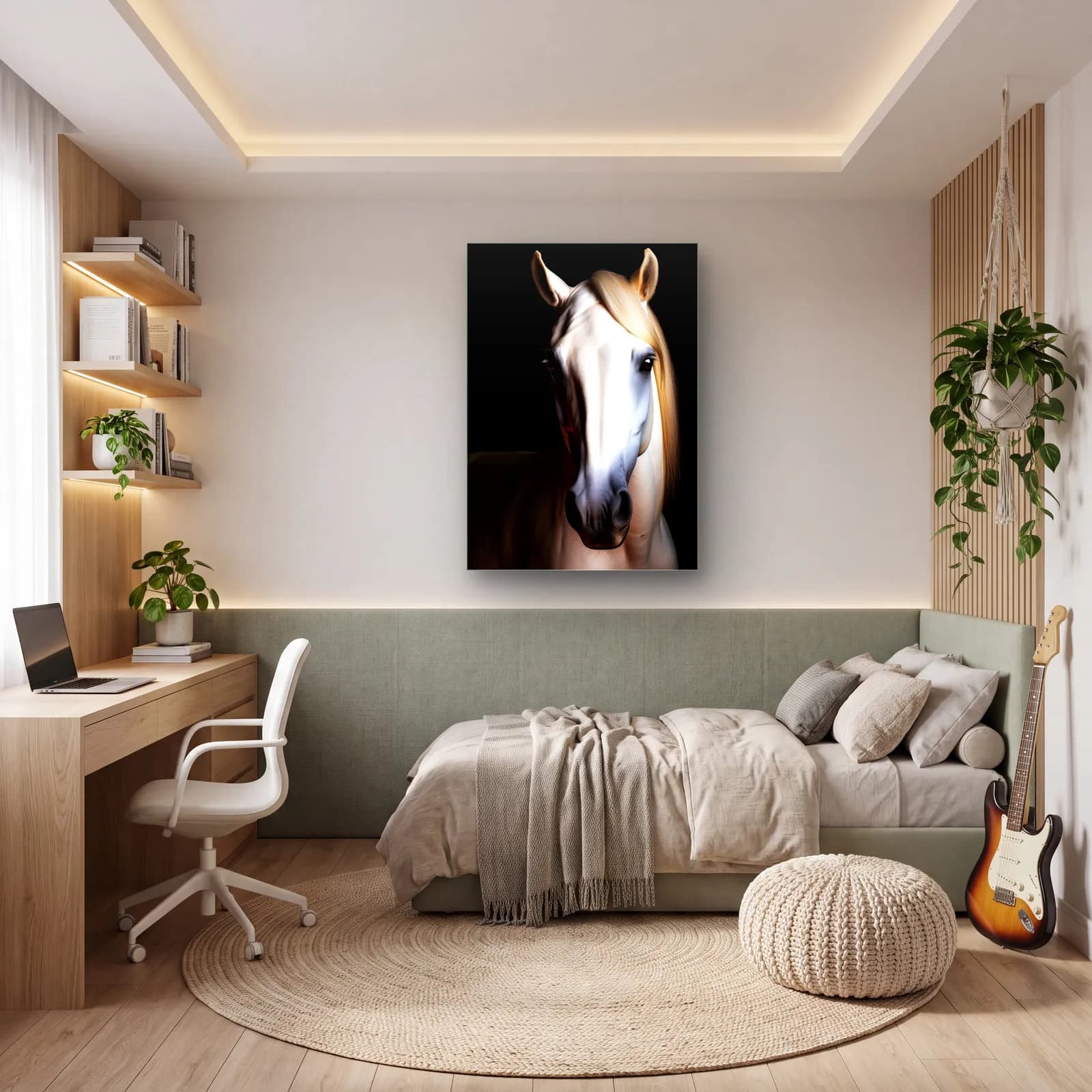 Sarı Yeleli Beyaz At cam tablo — genç odasında