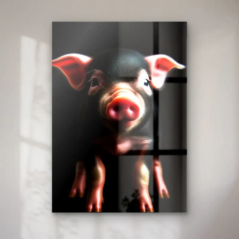 Siyah Pembe Yavru Domuz cam tablo — Siyah fonda ayakta duran pembe burunlu koyu tüylü yavru domuz
