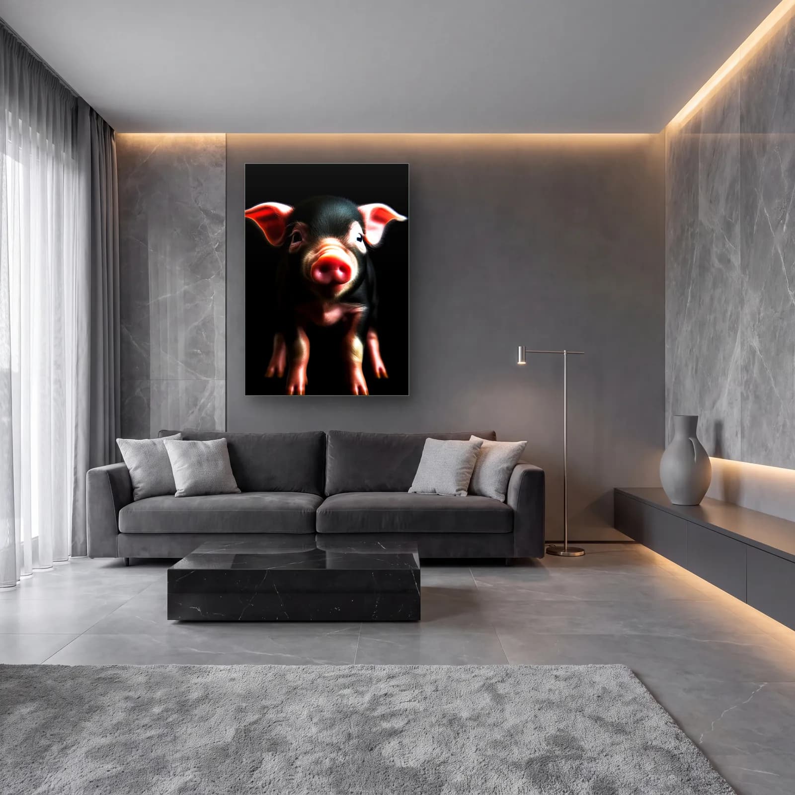 Siyah Pembe Yavru Domuz cam tablo — lüks salon duvarında