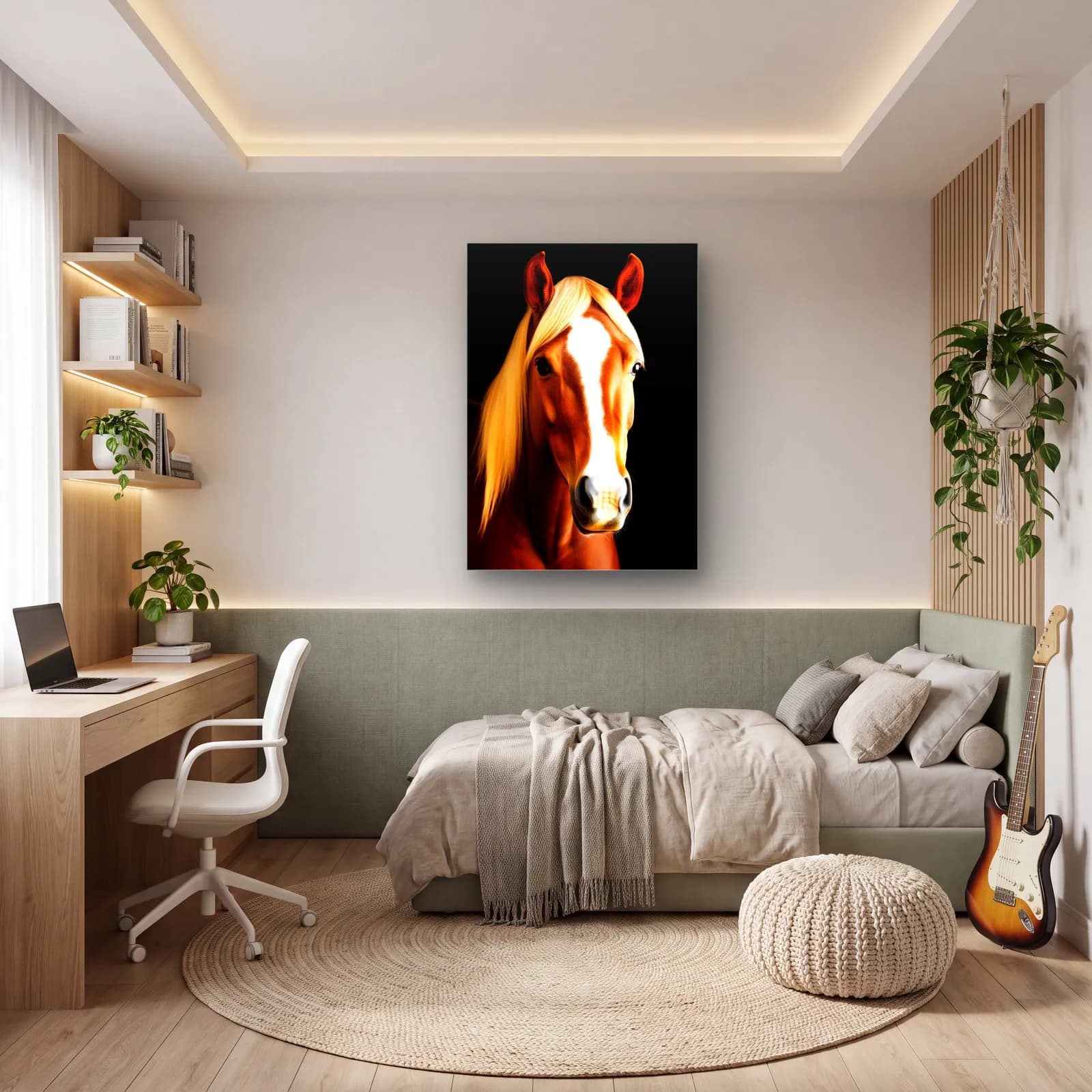 Sarı Yeleli Kızıl At cam tablo — genç odasında