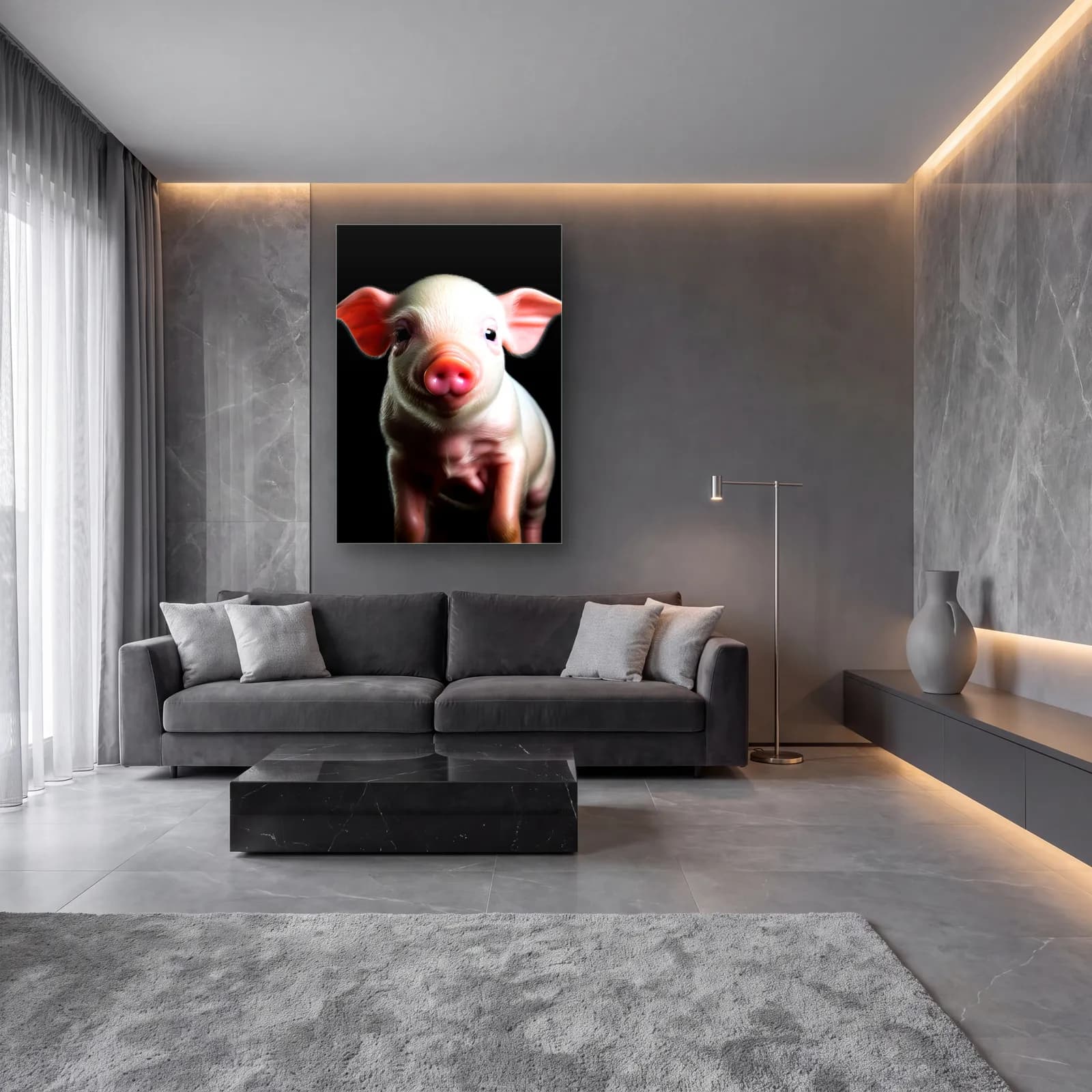 Pembe Yavru Domuz Portresi cam tablo — lüks salon duvarında
