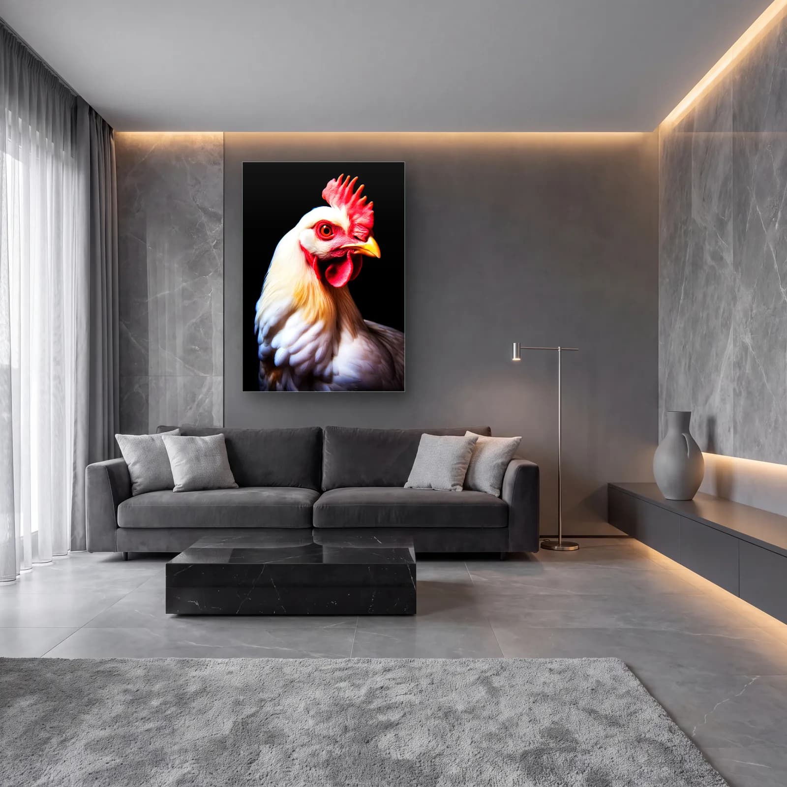 Beyaz Tavuk Portresi cam tablo — lüks salon duvarında