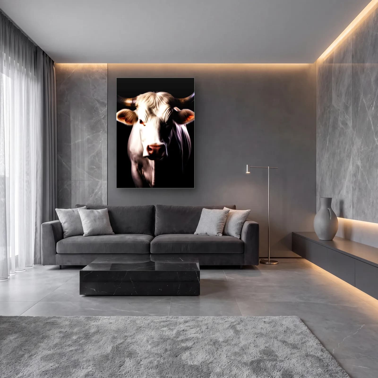 Beyaz Boğa Yakın Plan cam tablo — lüks salon duvarında