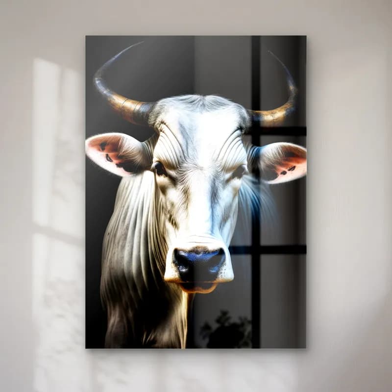 Gri Zebu Boğası Portresi cam tablo — Siyah fonda uzun kavisli boynuzlu gri beyaz zebu boğası