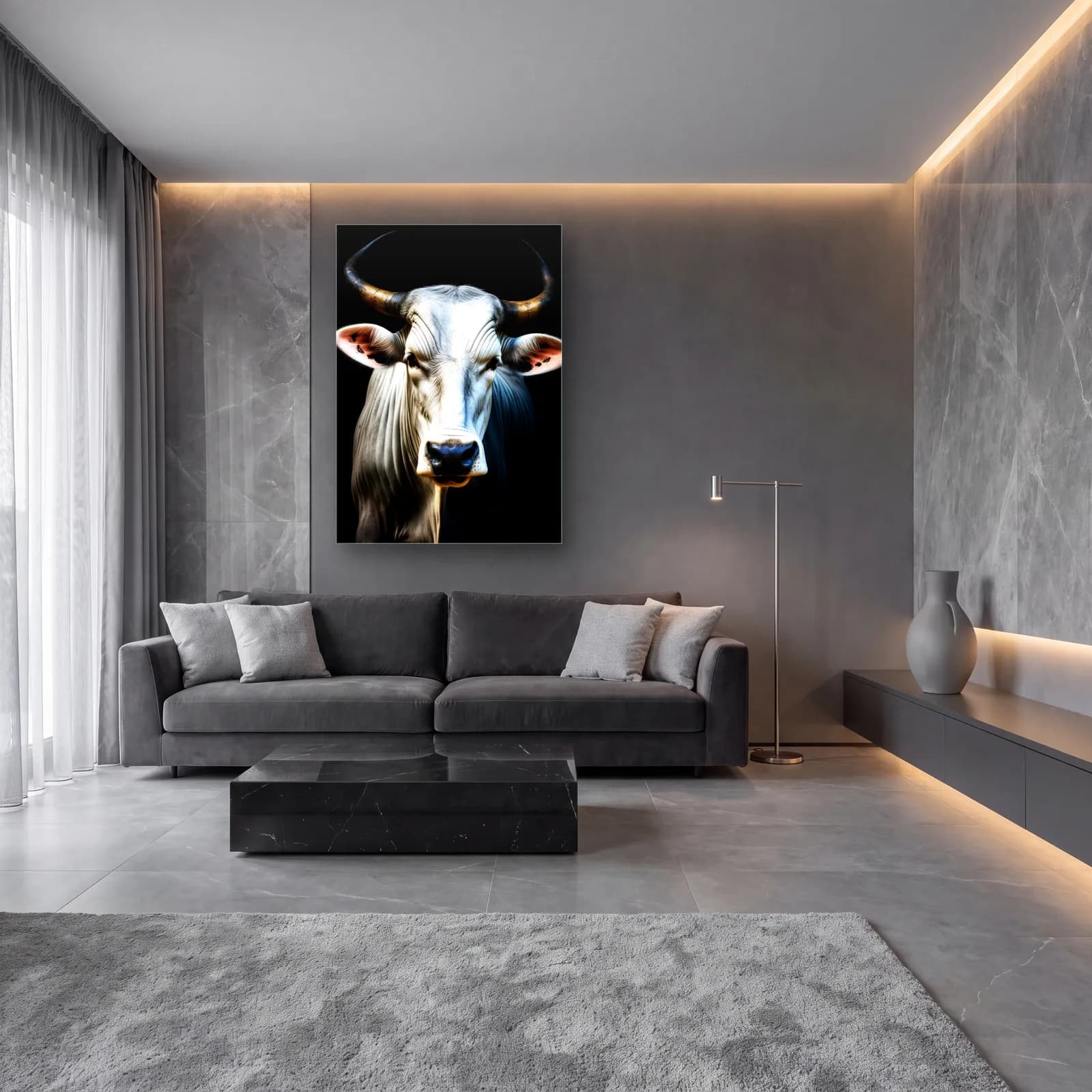 Gri Zebu Boğası Portresi cam tablo — lüks salon duvarında