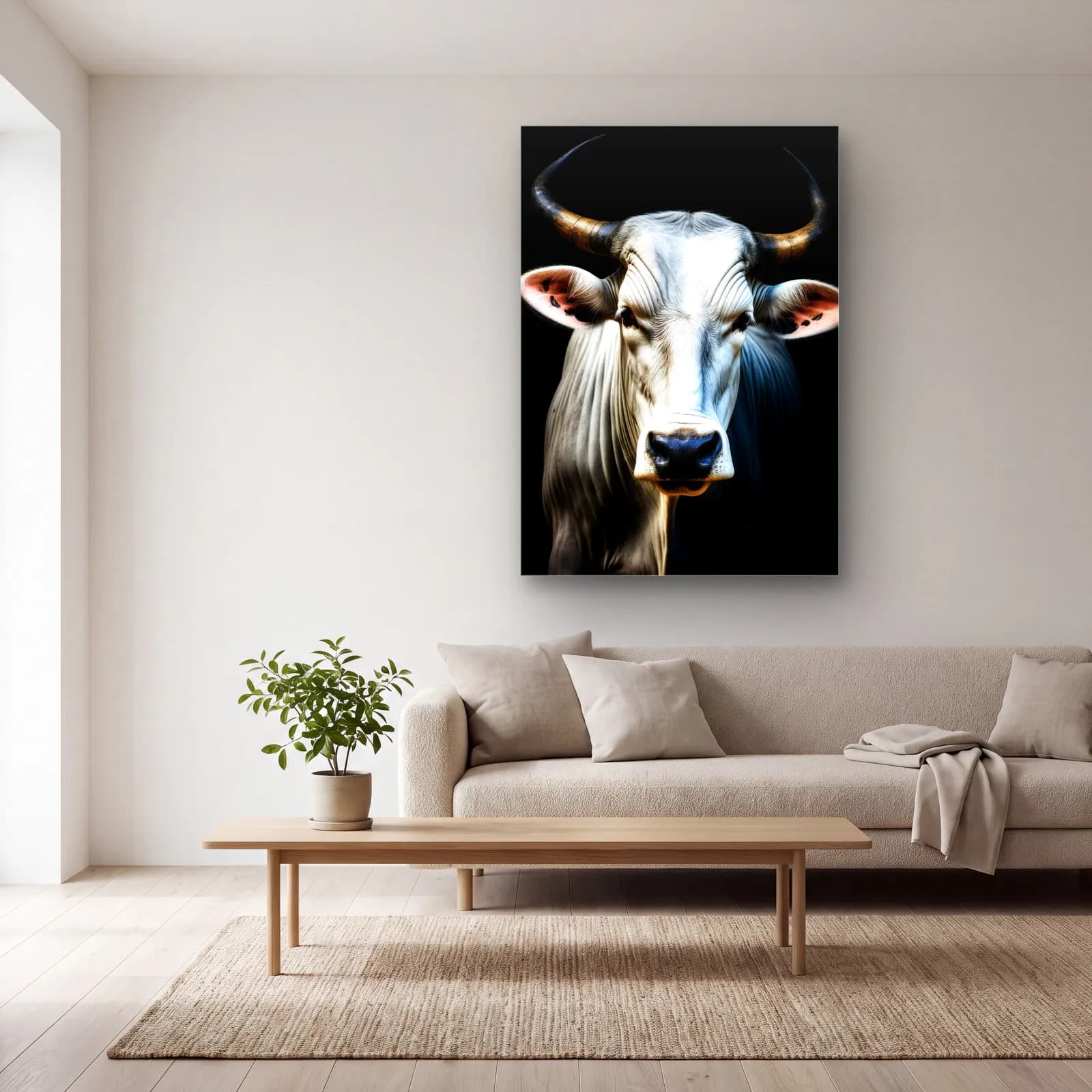 Gri Zebu Boğası Portresi cam tablo — açık renk salonda