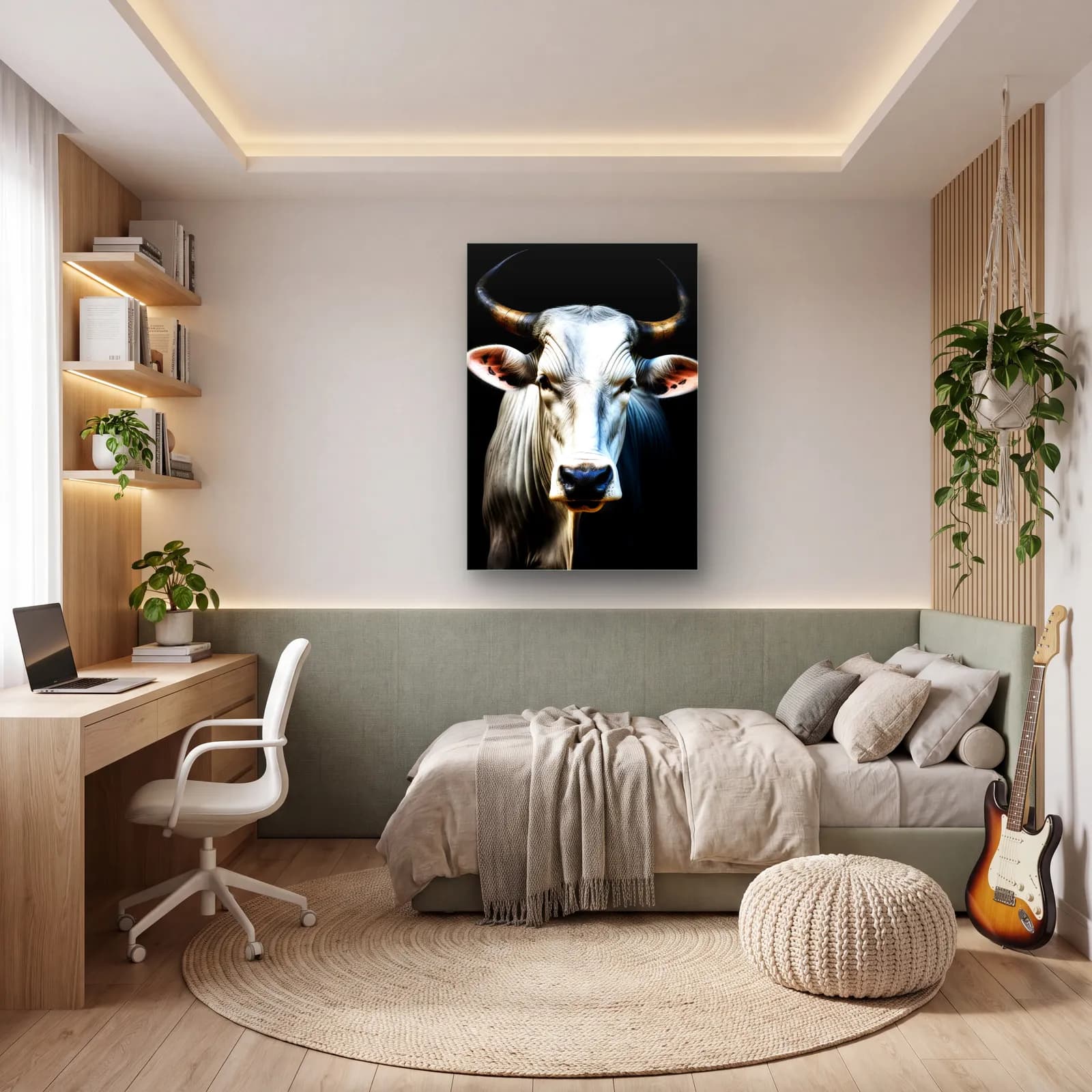 Gri Zebu Boğası Portresi cam tablo — genç odasında
