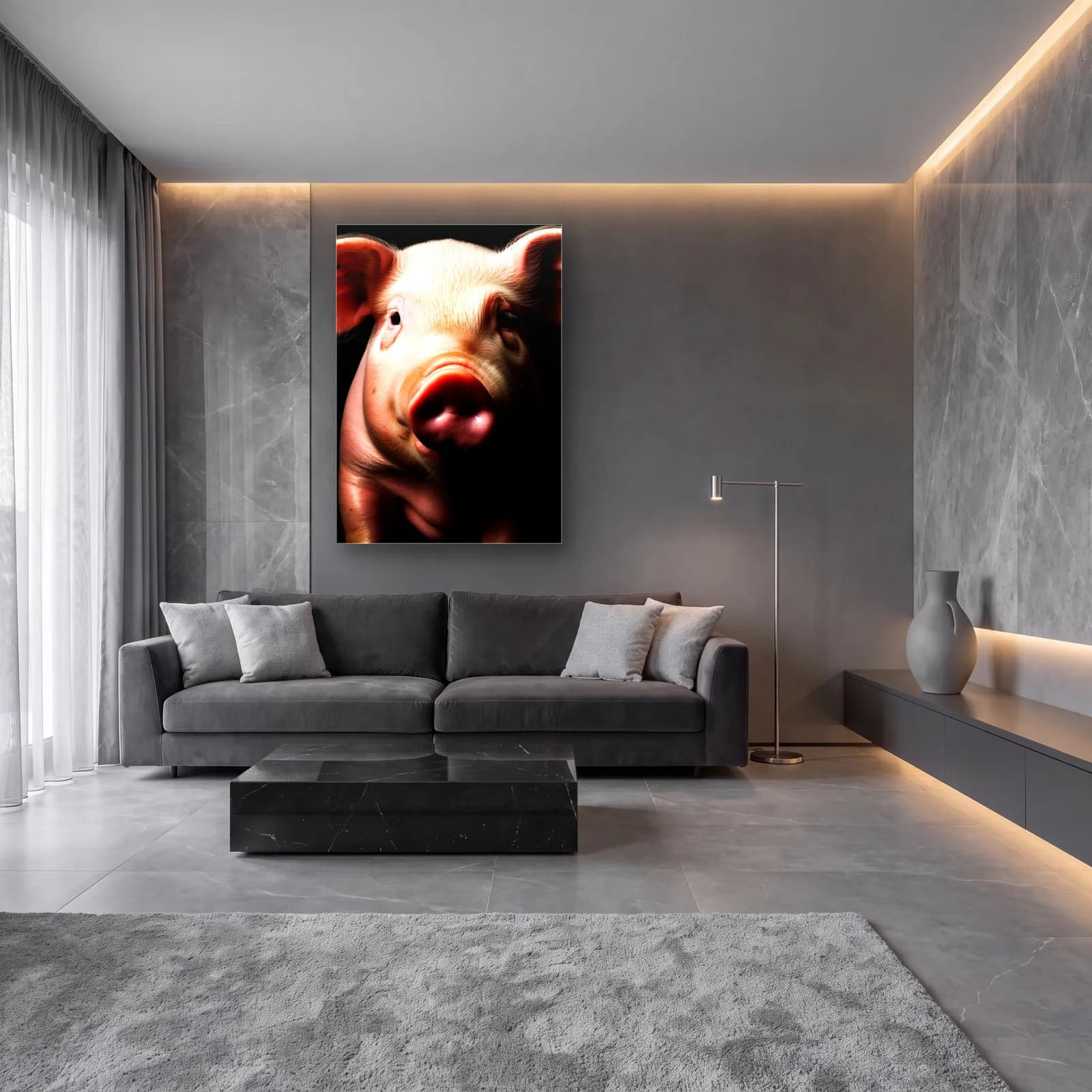 Pembe Domuz Yakın Plan cam tablo — lüks salon duvarında