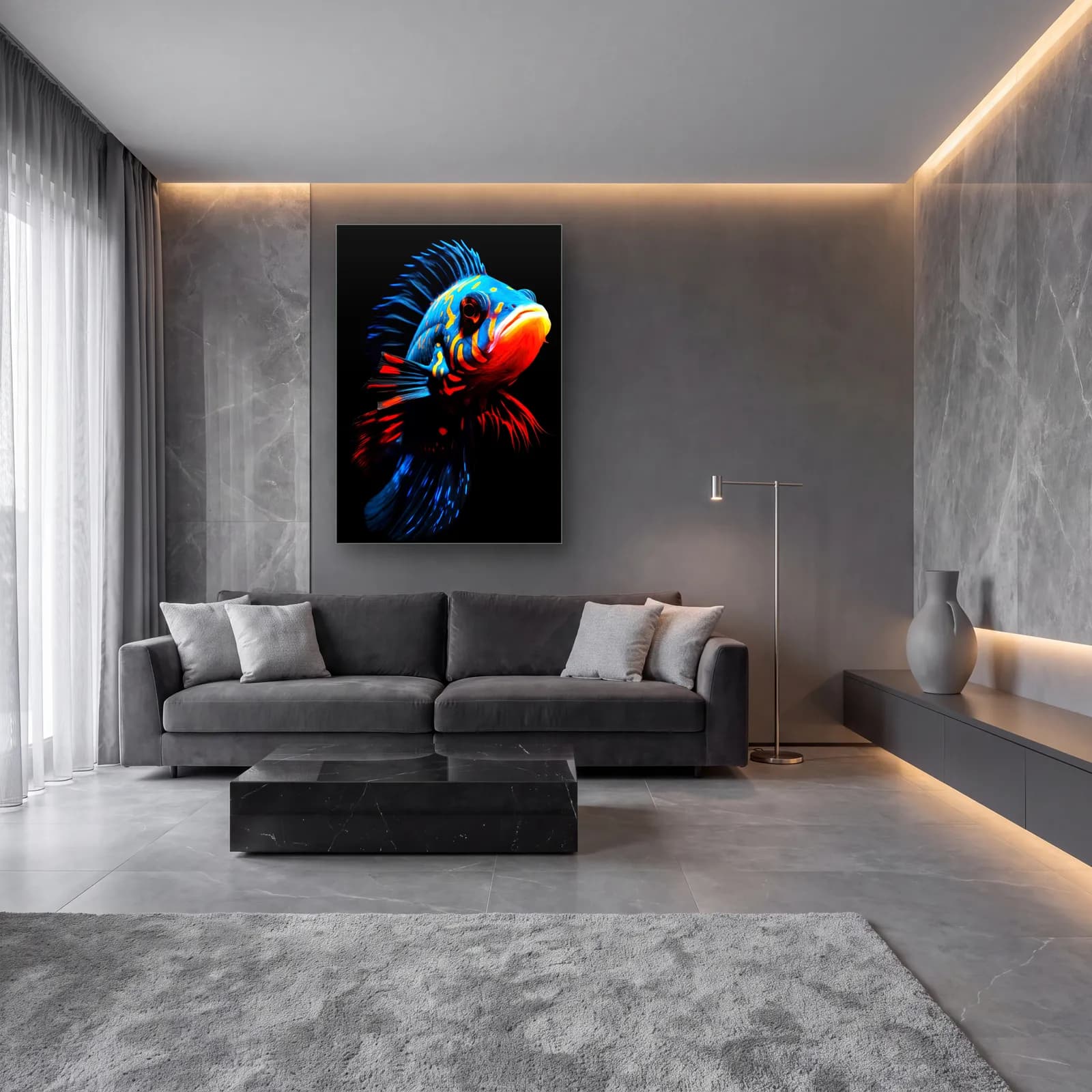 Mavi Neon Balık cam tablo — lüks salon duvarında