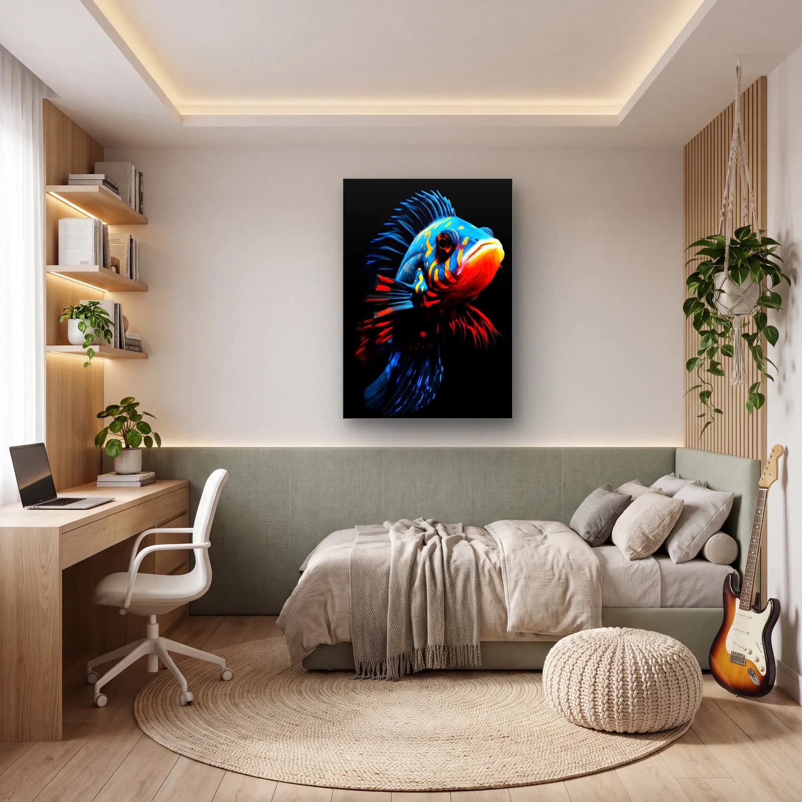 Mavi Neon Balık cam tablo — genç odasında