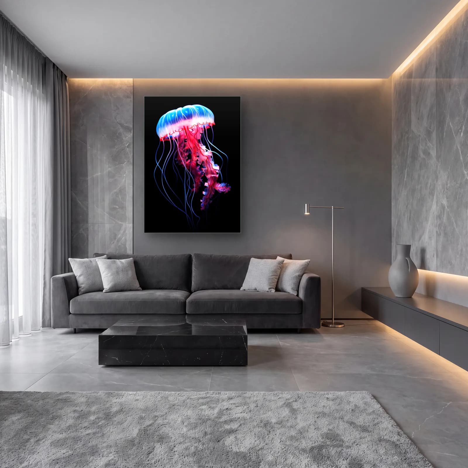 Mavi Pembe Denizanası cam tablo — lüks salon duvarında