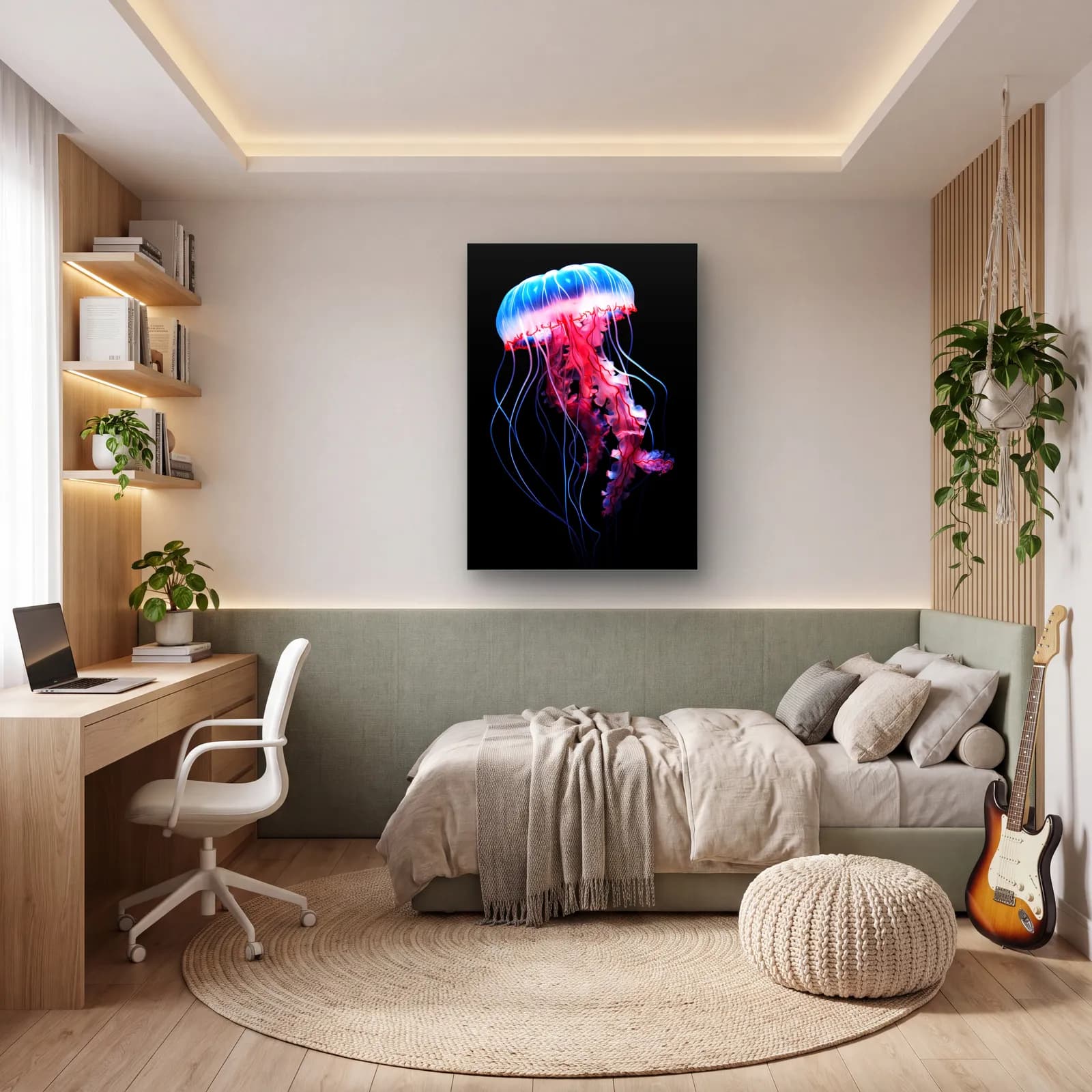 Mavi Pembe Denizanası cam tablo — genç odasında