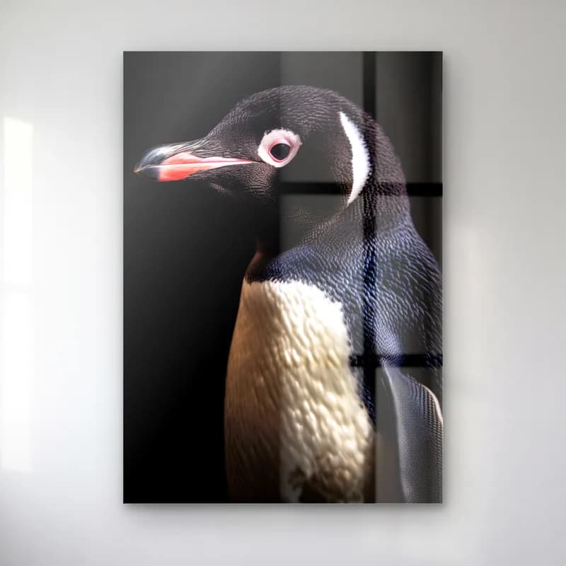 Siyah Beyaz Penguen cam tablo — Karanlık fonda yana bakan siyah beyaz penguen