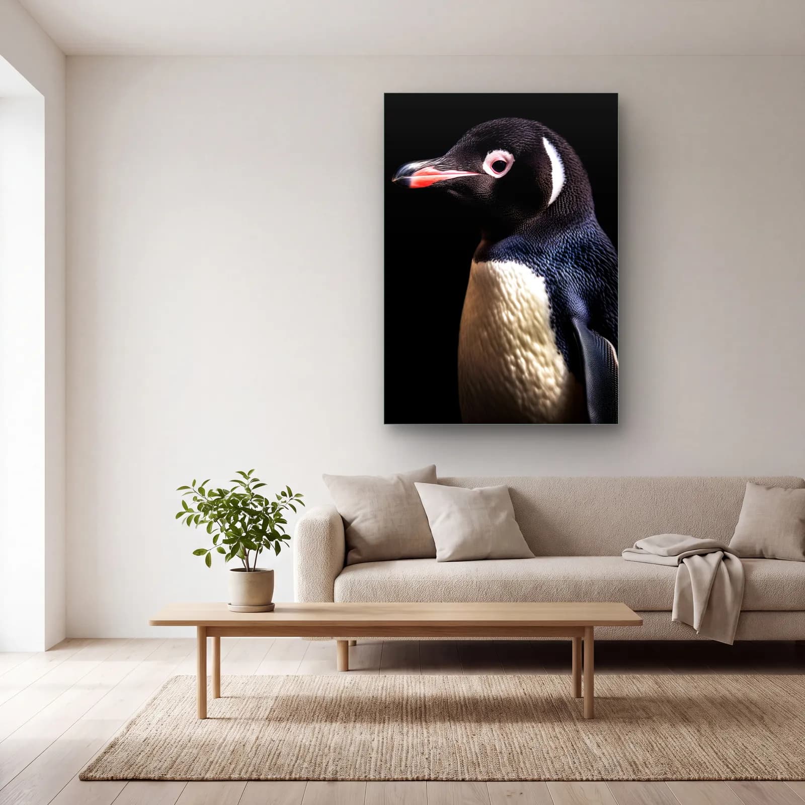 Siyah Beyaz Penguen cam tablo — açık renk salonda